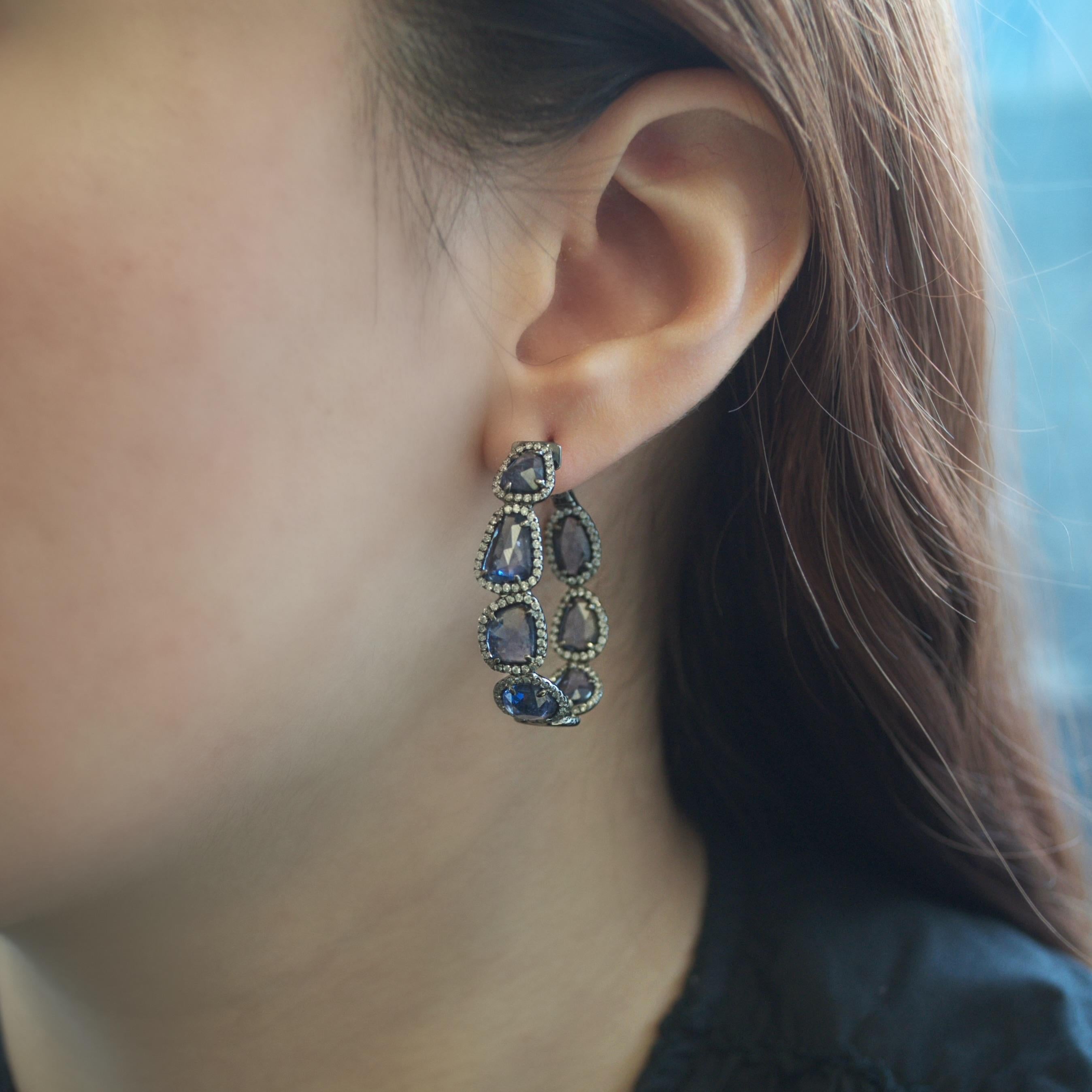 Mixed Cut RUCHI Blue Sapphire & Pavé Diamond Black Rhodium Hoop Earrings For Sale