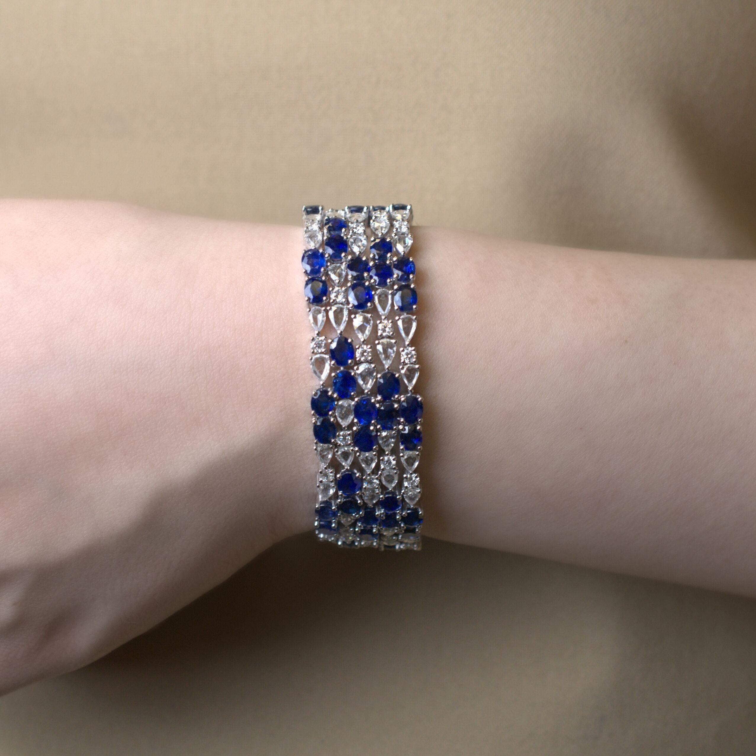 RUCHI Blue Sapphire & Rosecut Diamond Flexible White Gold Bracelet In New Condition For Sale In New York, NY