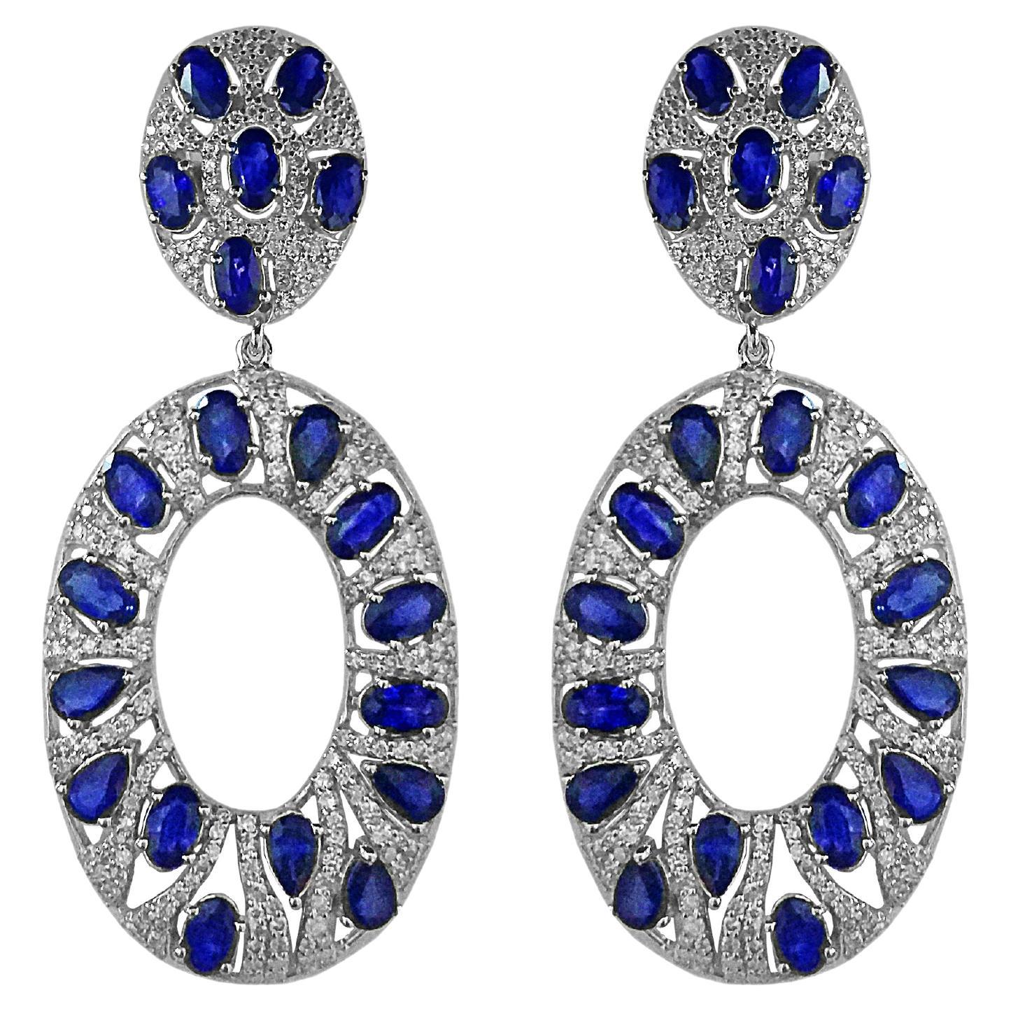 RUCHI Brilliant Cut Diamond and Oval Blue Sapphire White Gold Dangle Earrings For Sale