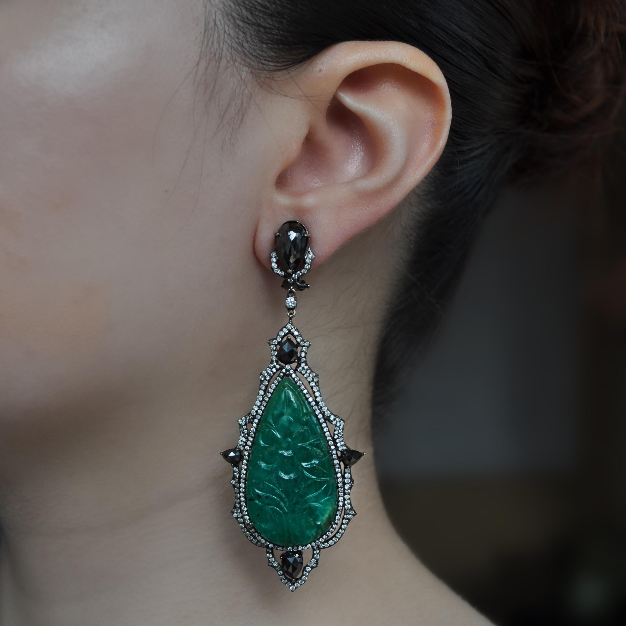 Mixed Cut RUCHI Carved Emerald, Black and White Diamond Black Rhodium Chandelier Earrings For Sale