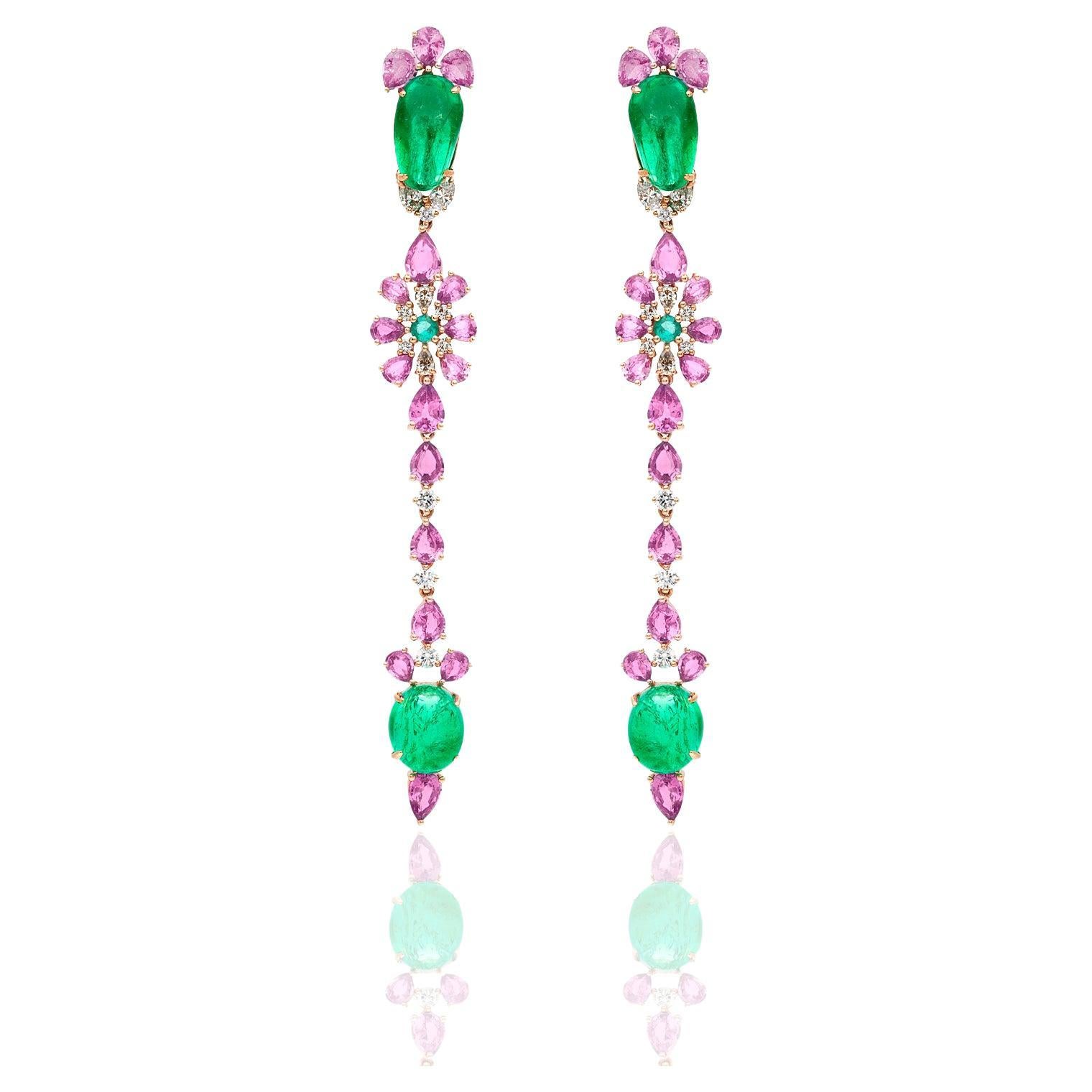 RUCHI kolumbianische lineare Ohrringe aus Roségold mit Smaragd und rosa Saphir im Angebot