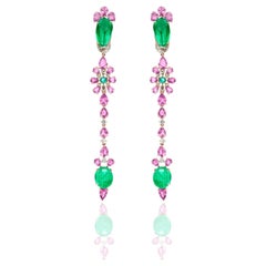 RUCHI kolumbianische lineare Ohrringe aus Roségold mit Smaragd und rosa Saphir