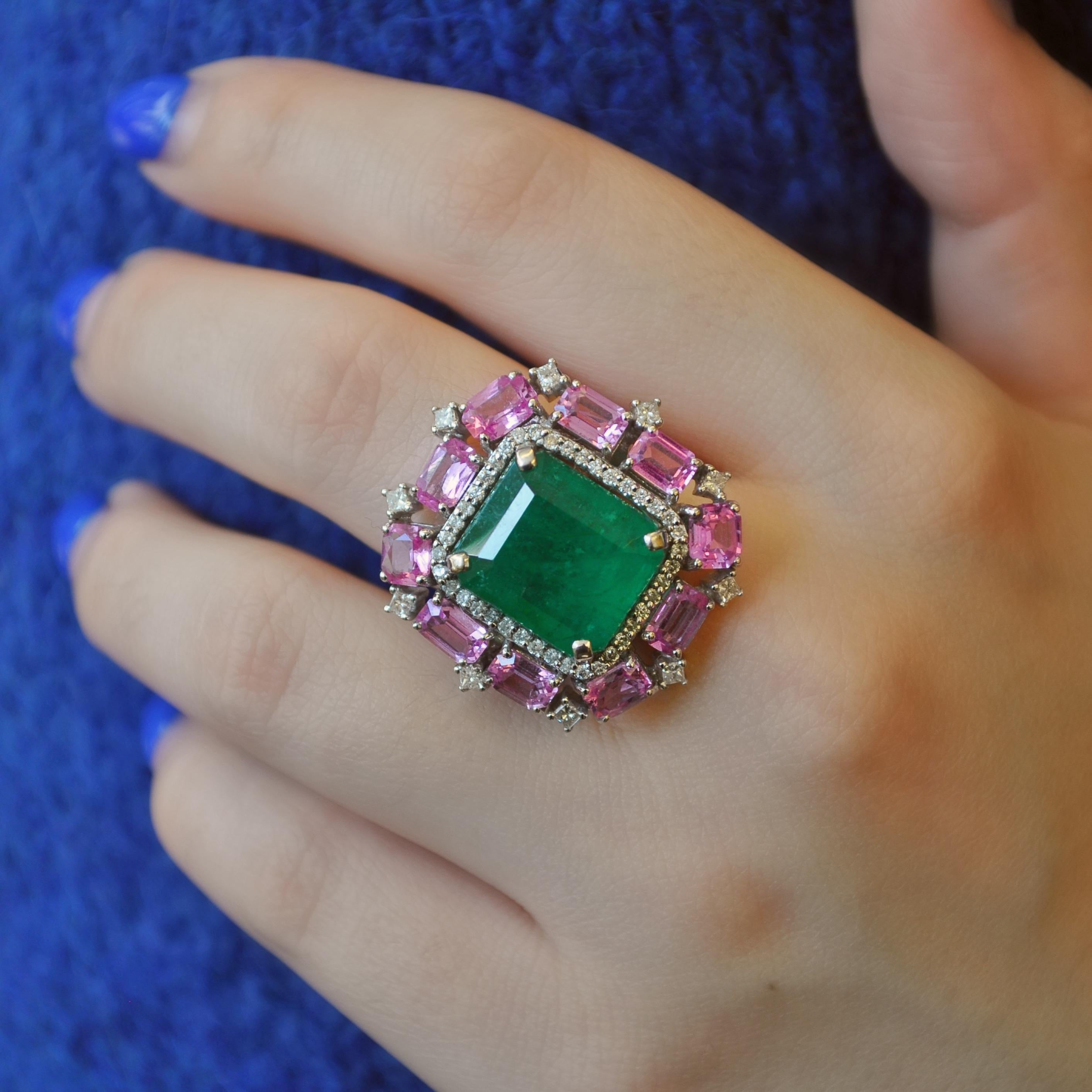Contemporary RUCHI Colombian Emerald and Pink Sapphire with Diamond White Gold Cocktail Ring For Sale
