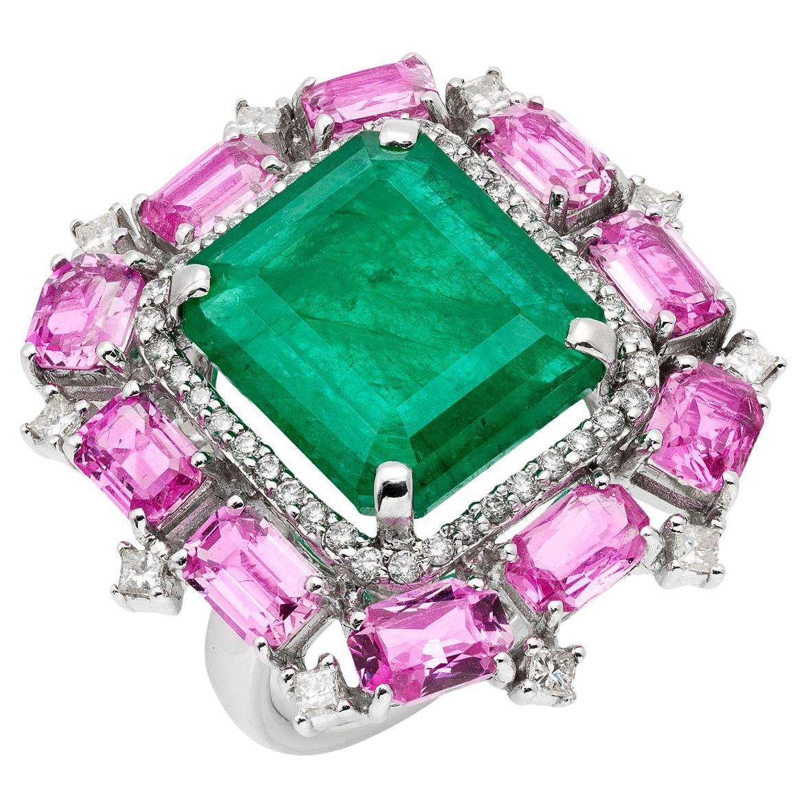 RUCHI Colombian Emerald and Pink Sapphire with Diamond White Gold Cocktail Ring For Sale