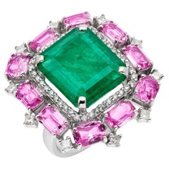 RUCHI Colombian Emerald and Pink Sapphire with Diamond White Gold Cocktail Ring