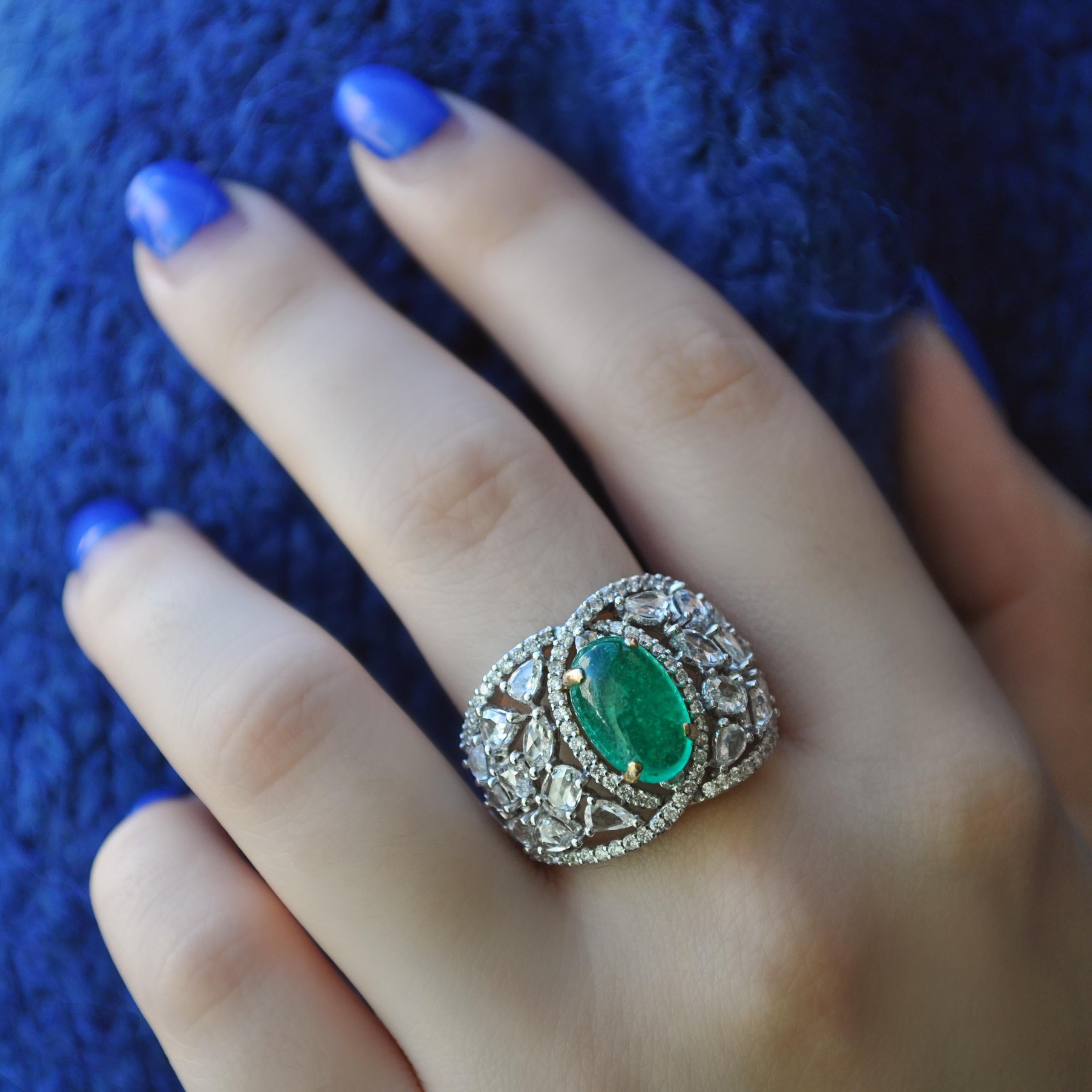 Mixed Cut RUCHI Colombian Emerald Cabochon and Mixed-Cut Diamond Cocktail Ring For Sale