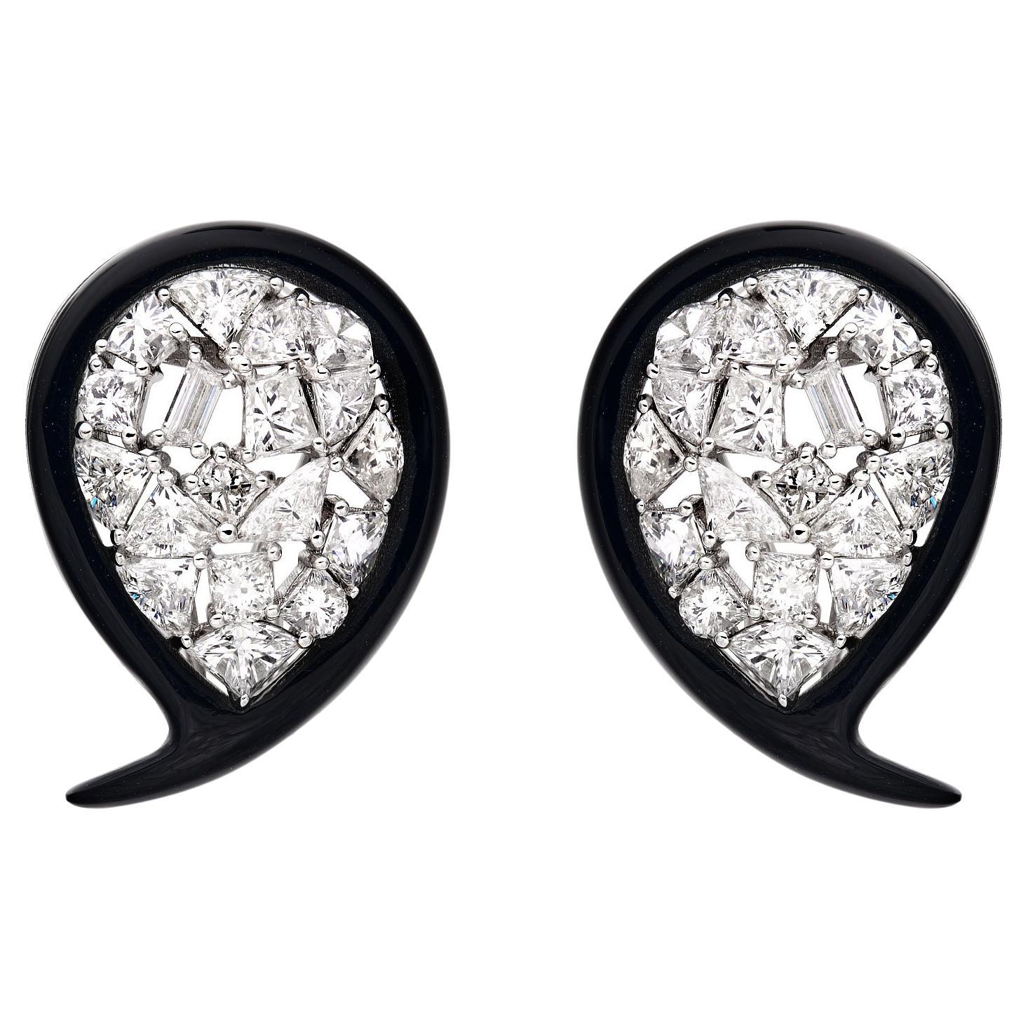 RUCHI Diamond and Black Agate White Gold Clip-On Earrings For Sale