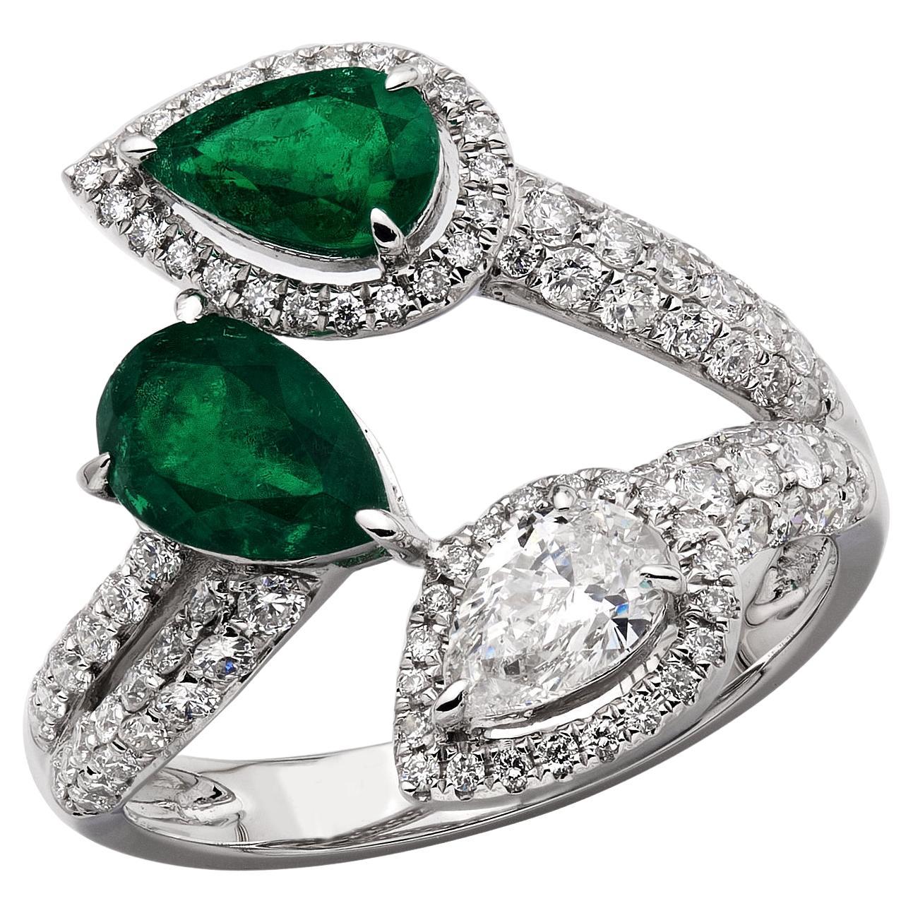 RUCHI Emerald with Diamond Pavé White Gold Bypass Ring For Sale