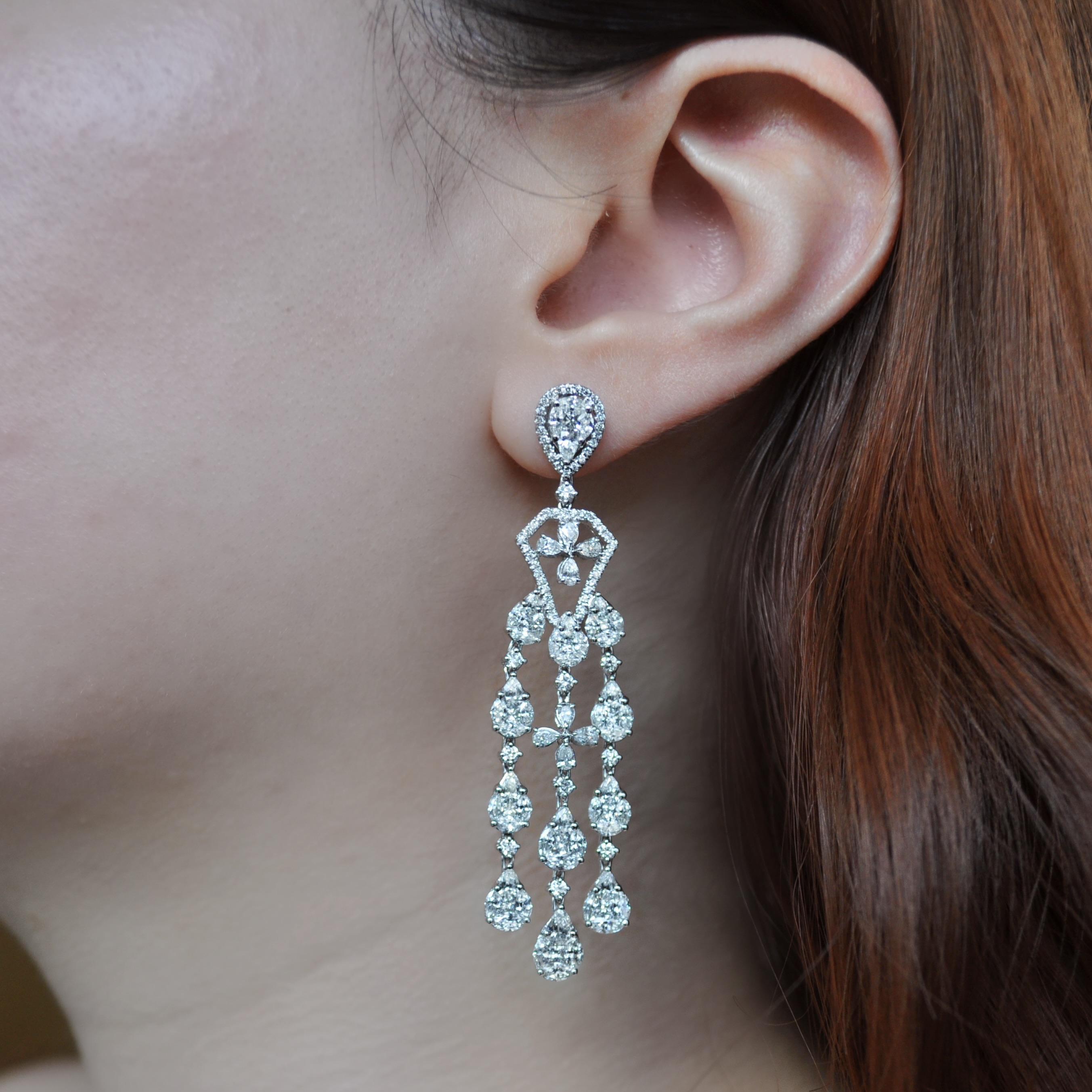 Mixed Cut RUCHI Diamond Illusion White Gold Chandelier Earrings For Sale