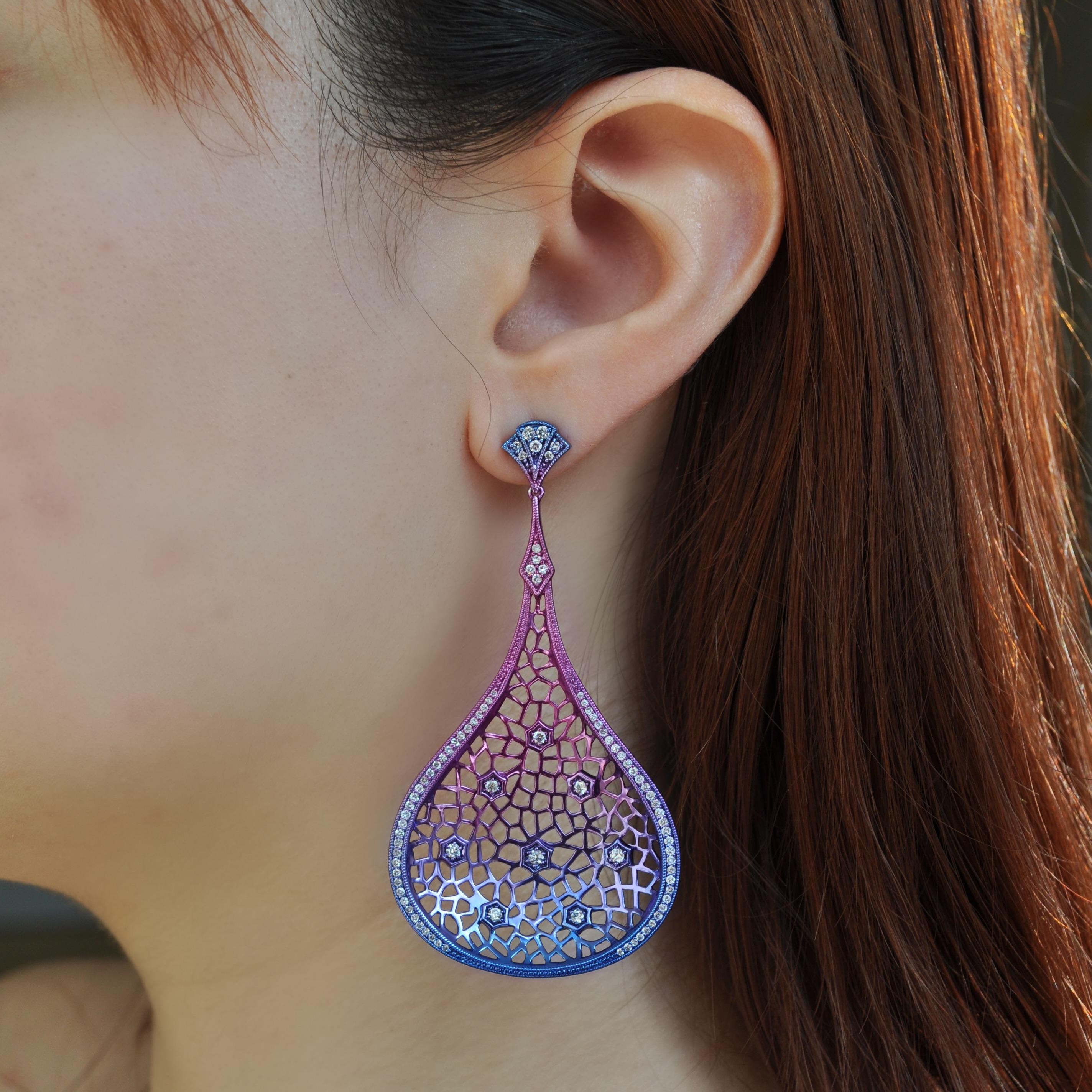 Round Cut RUCHI Diamond Multi-Colored Rhodium Dangle Earring For Sale