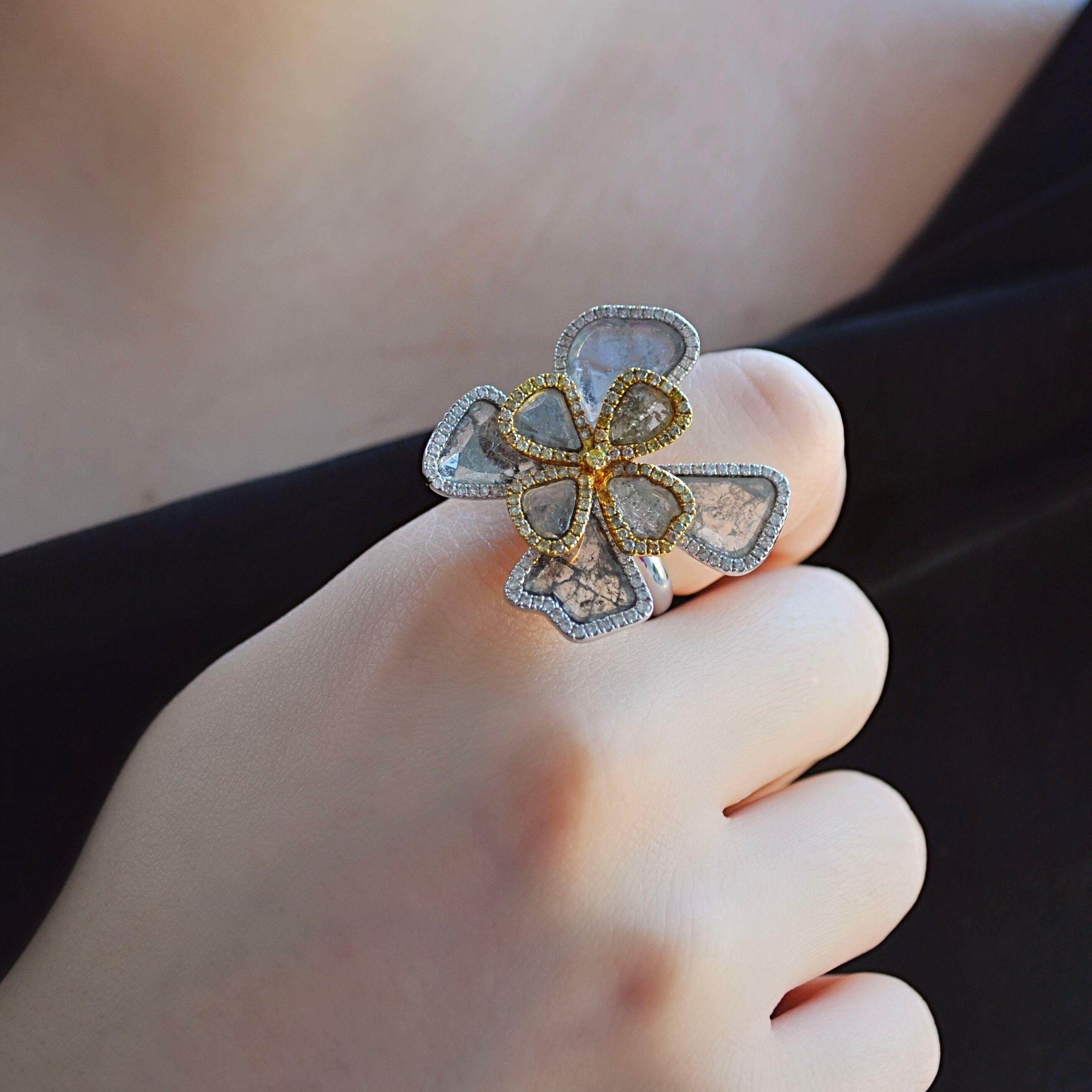 Contemporary RUCHI Diamond Slice and Brilliant-Cut Pavé Two-Tone Gold Cocktail Flower Ring For Sale
