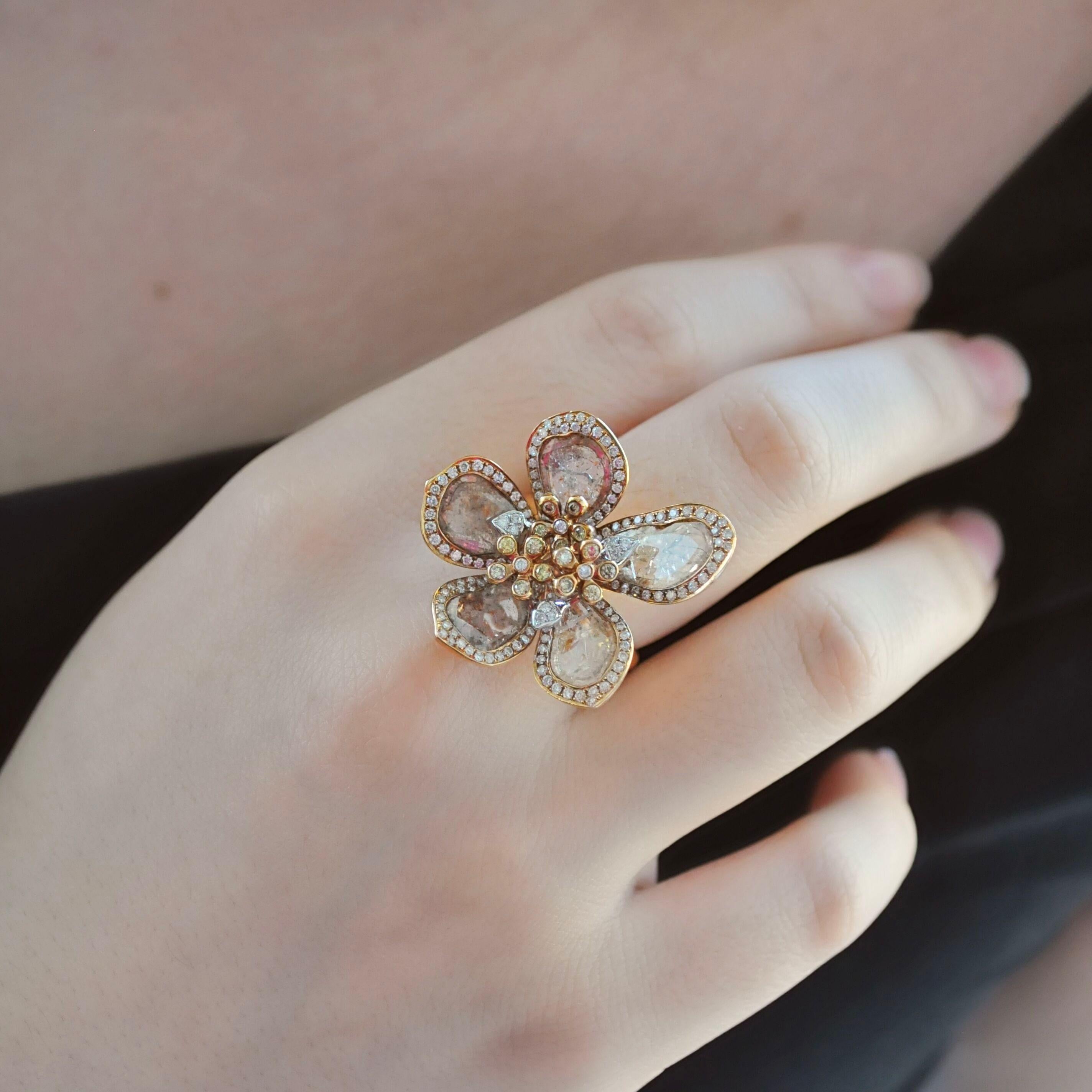 RUCHI Diamond Slice 'Petals' with Pavé Trim Rose Gold Flower Cocktail Ring In New Condition For Sale In New York, NY