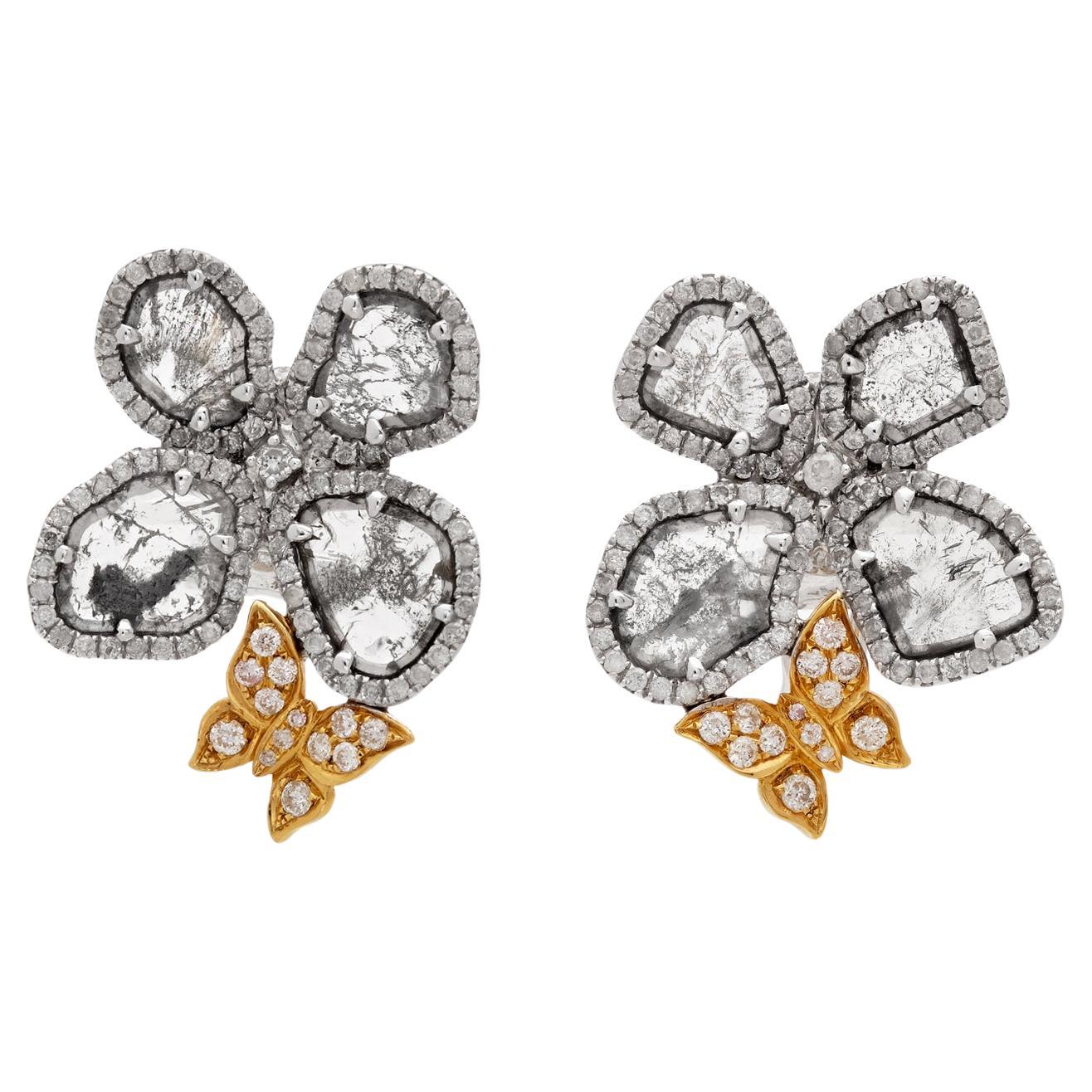RUCHI Diamond Slice Two-Tone Gold Floral Butterfly Stud Earrings For Sale