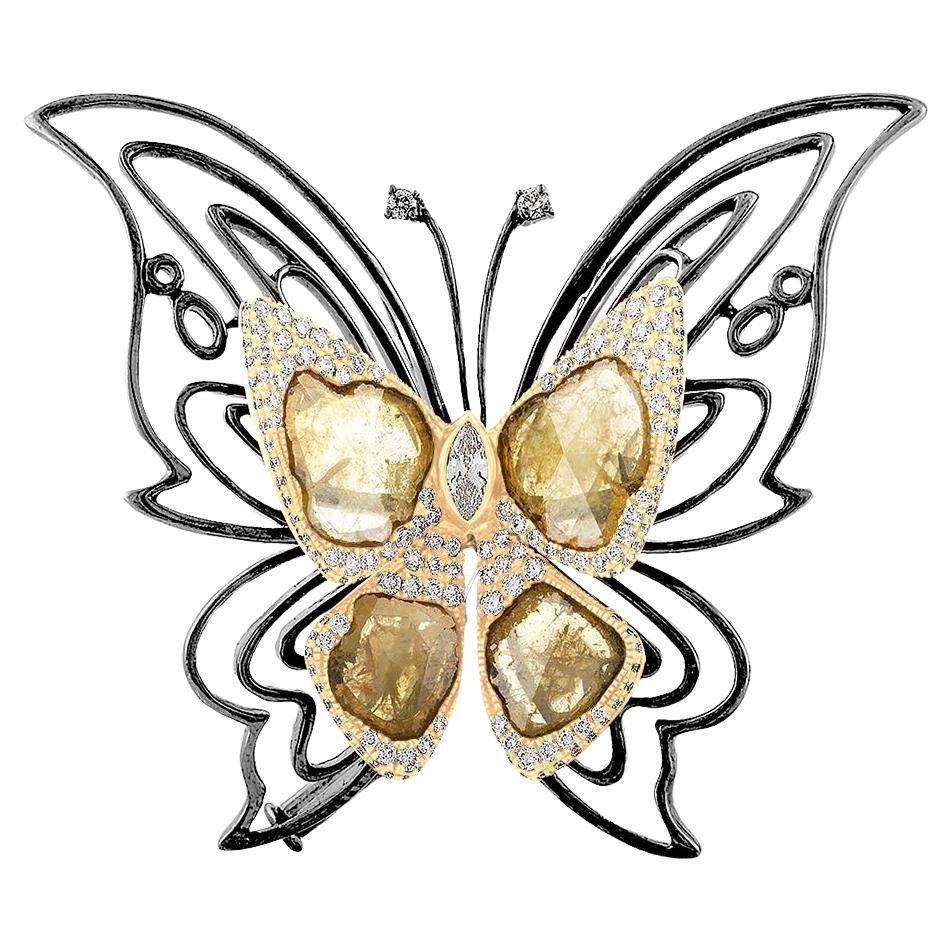 RUCHI Diamond Slice with Pavé Two-Tone Gold Butterfly Pendant and Brooch