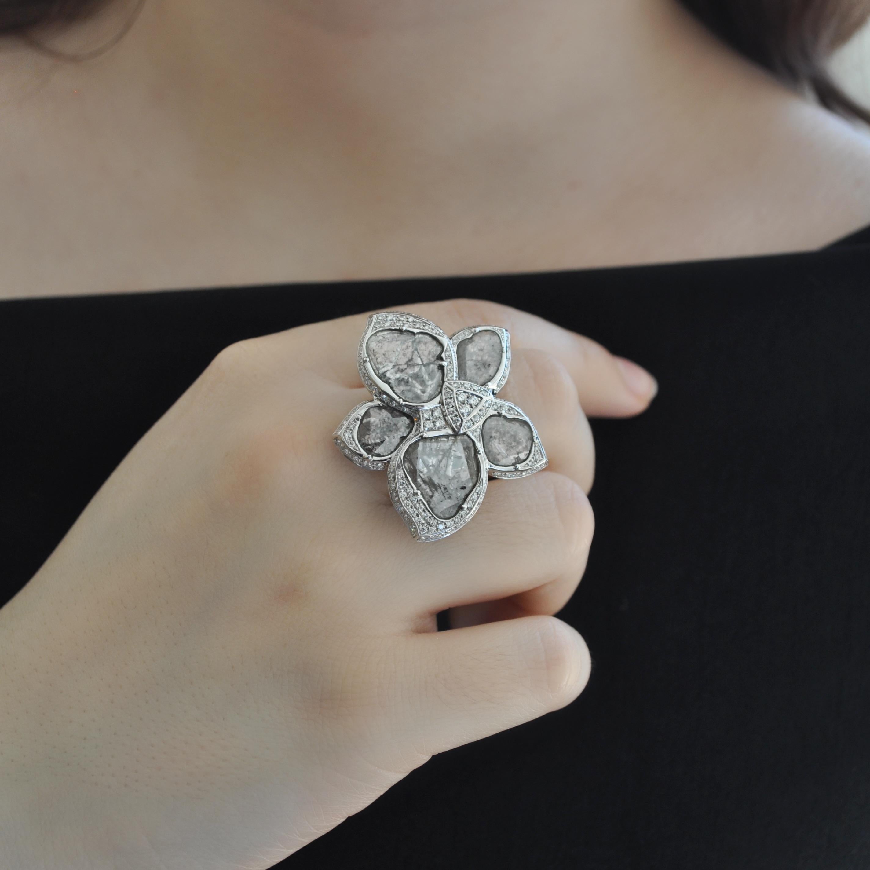 RUCHI Diamond Slices with Pavé White Gold Flower Cocktail Ring In New Condition For Sale In New York, NY