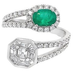 RUCHI Emerald and Asscher-Cut Composite Diamond White Gold Bypass Ring