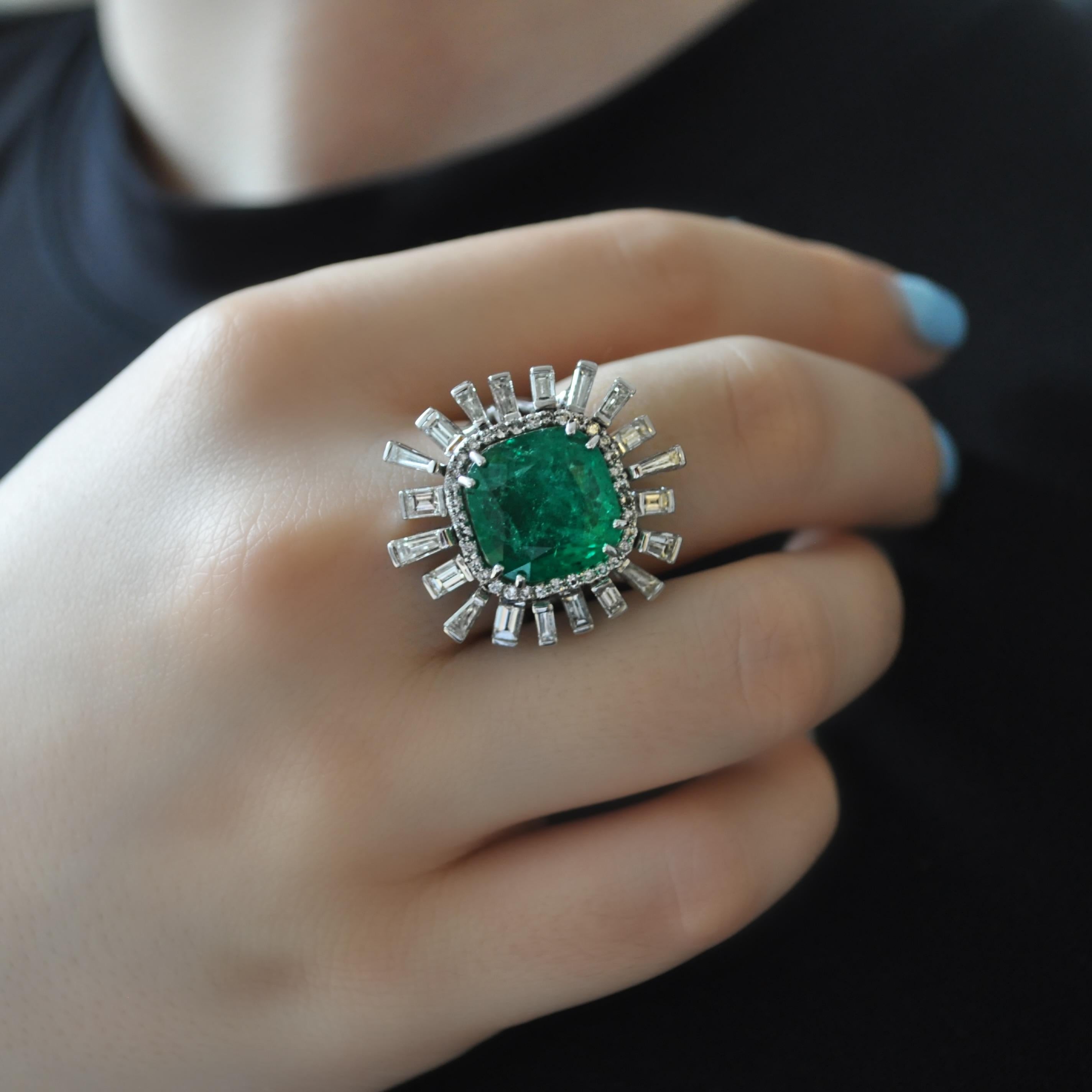 Mixed Cut RUCHI Emerald and Baguette Diamond White Gold Cocktail Ring For Sale