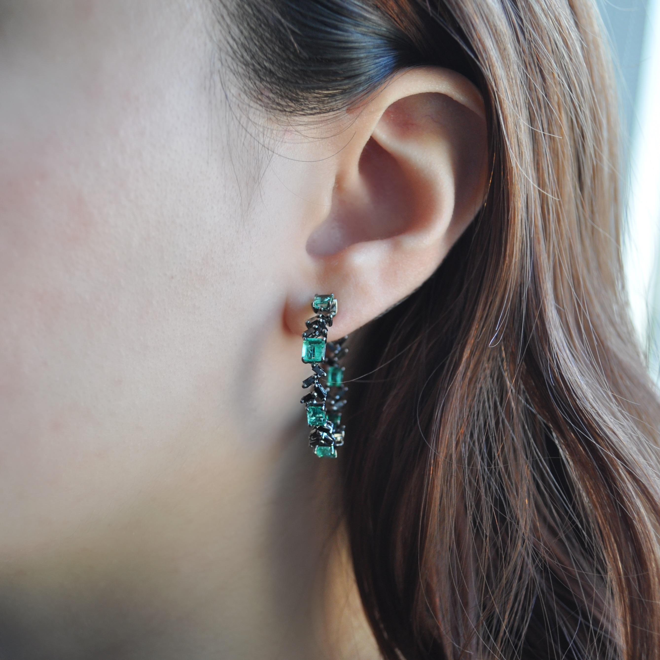 Emerald Cut RUCHI Emerald and Black Diamond Baguette Black Rhodium Hoop Earrings For Sale
