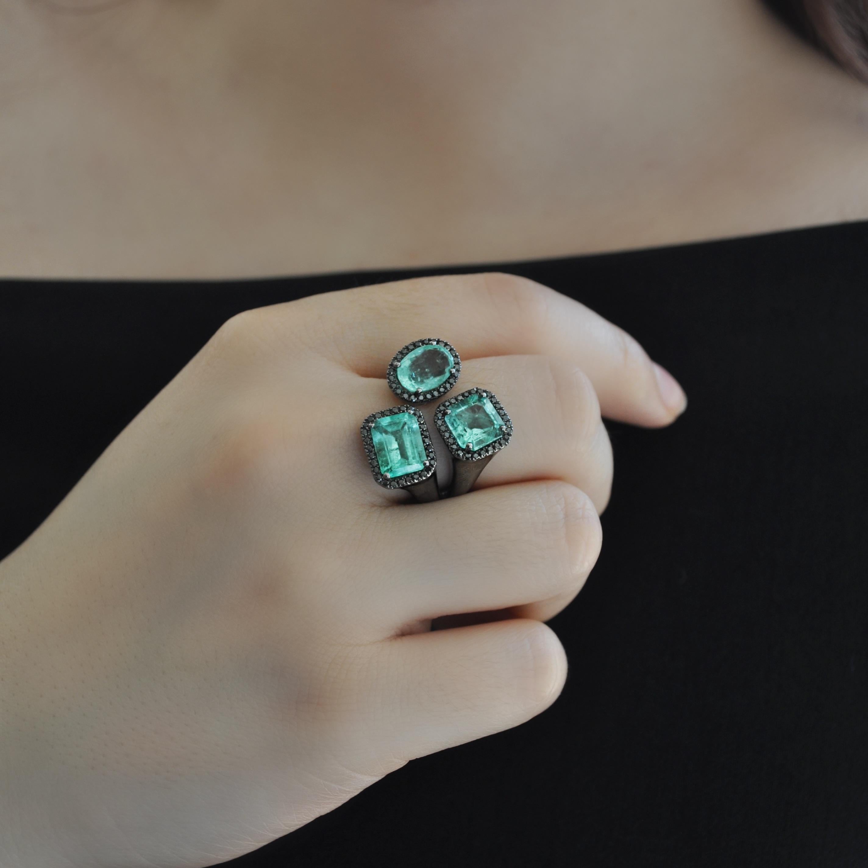 Contemporary RUCHI Emerald and Black Diamond Black Rhodium Cocktail Ring