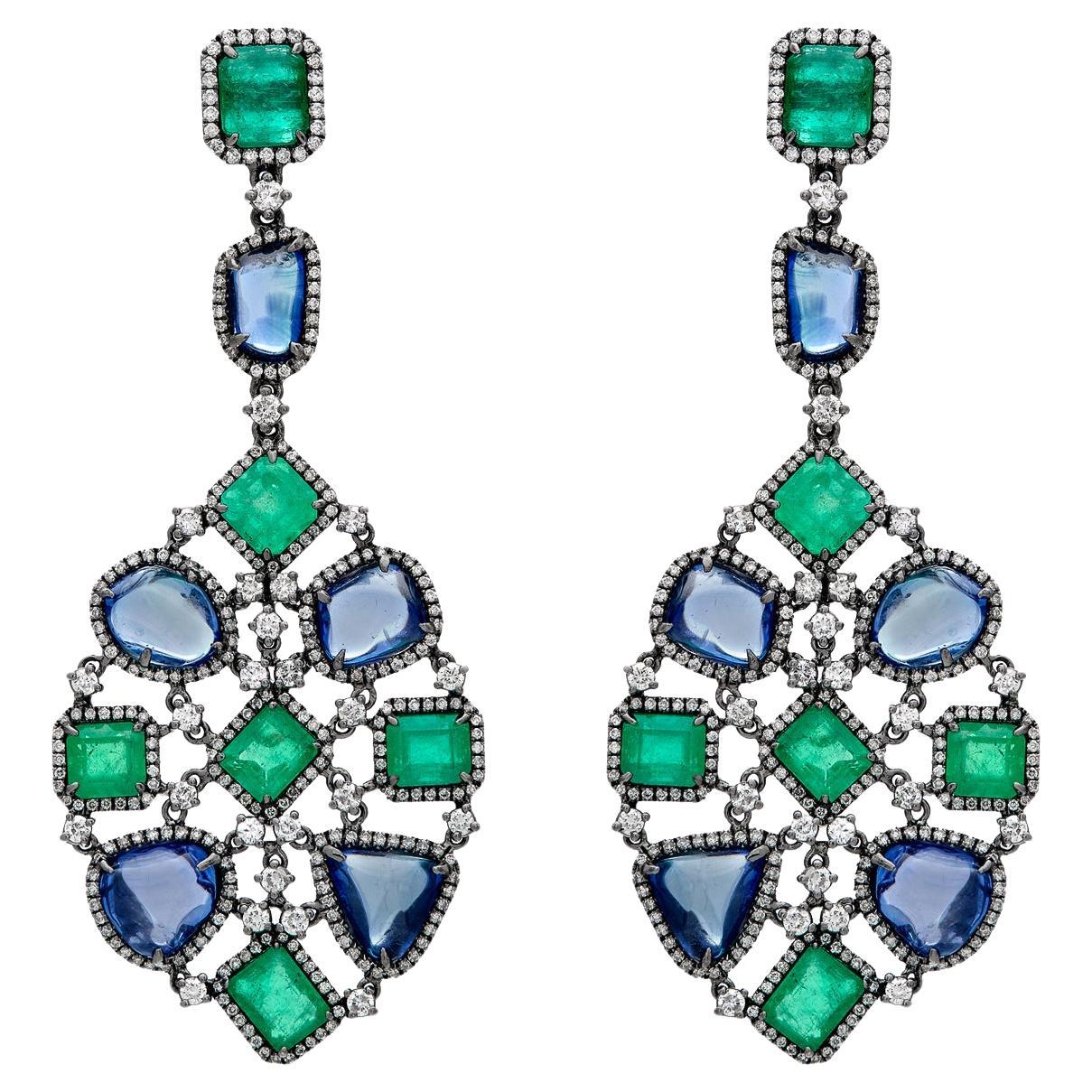 RUCHI Emerald and Blue Sapphire Black Rhodium Chandelier Earrings