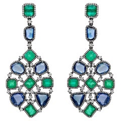 RUCHI Emerald and Blue Sapphire Black Rhodium Chandelier Earrings