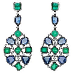 RUCHI Emerald and Blue Sapphire Black Rhodium Chandelier Earrings