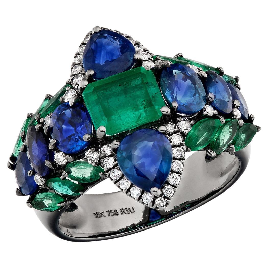 RUCHI Bague d'émeraude, saphir bleu et diamant en rhodium noir en vente