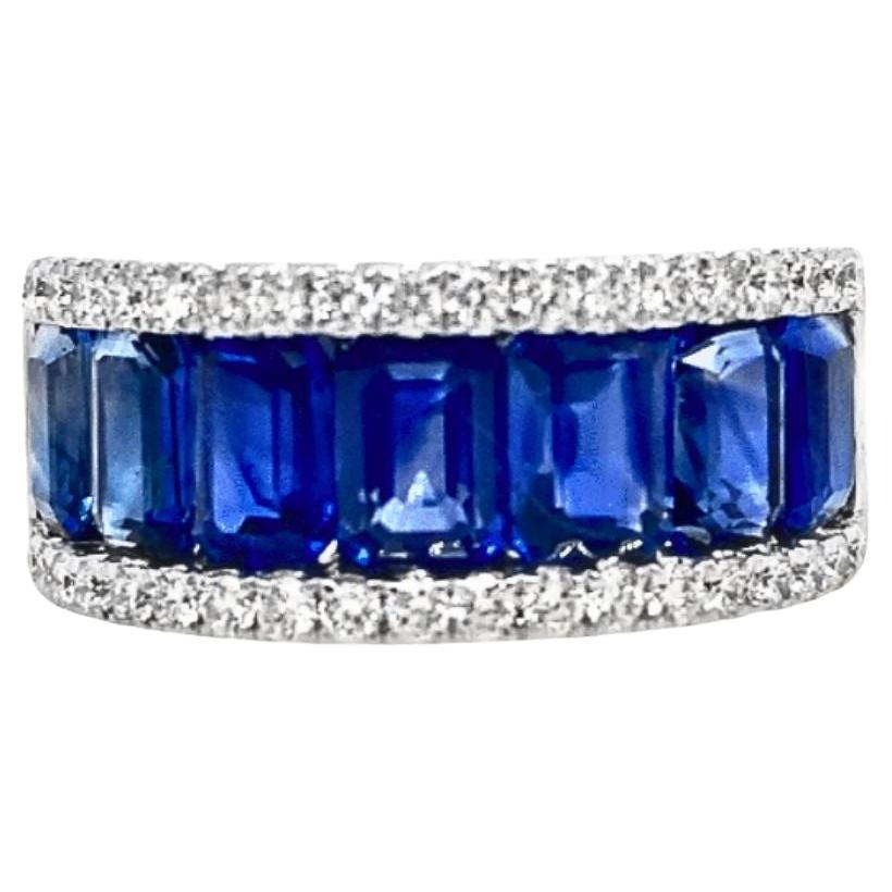 RUCHI Emerald-Cut Blue Sapphire with Brilliant Diamond White Gold Cocktail Ring