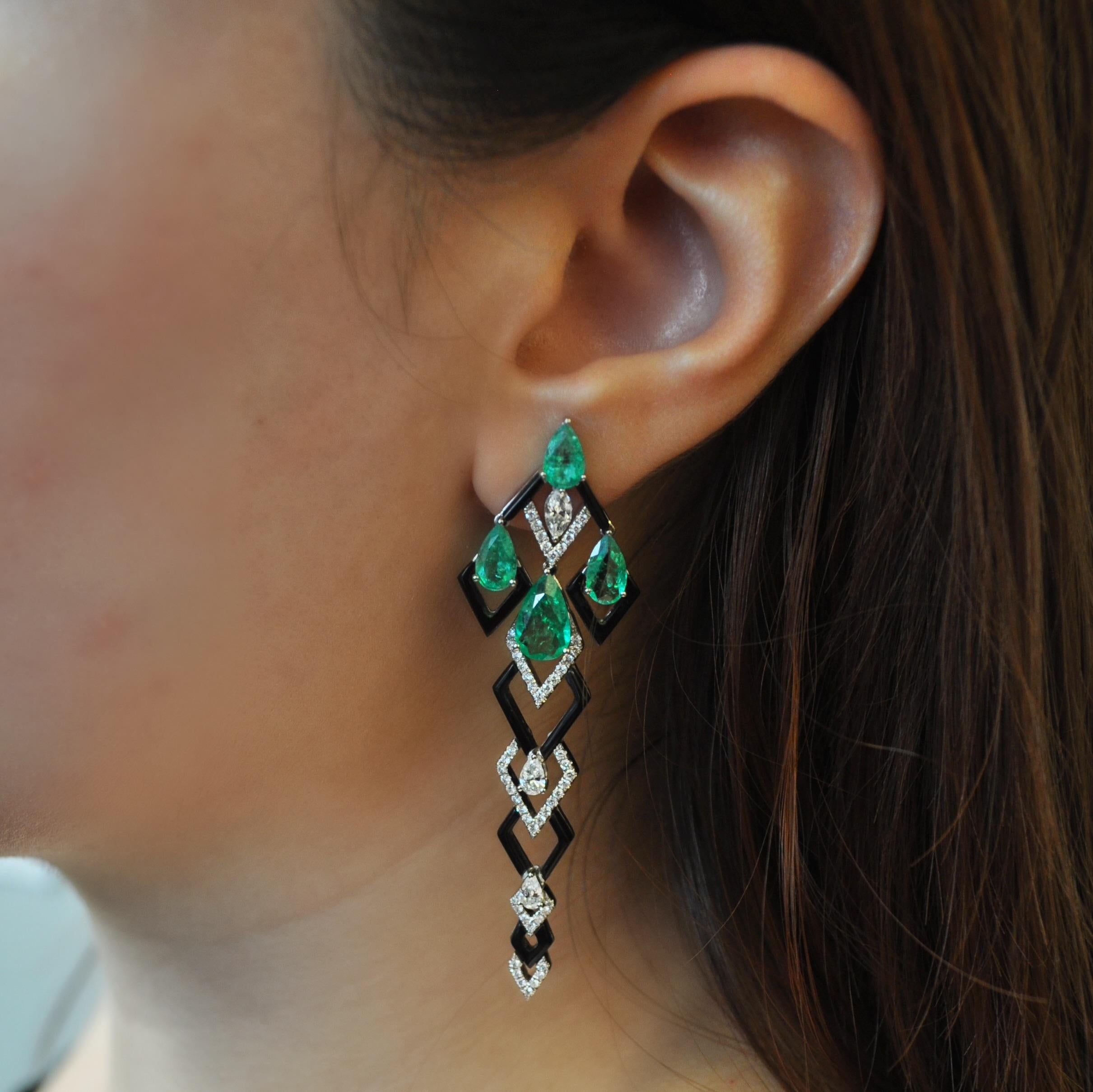 Mixed Cut RUCHI Emerald, Diamond and Black Agate White Gold Drop Earrings  For Sale