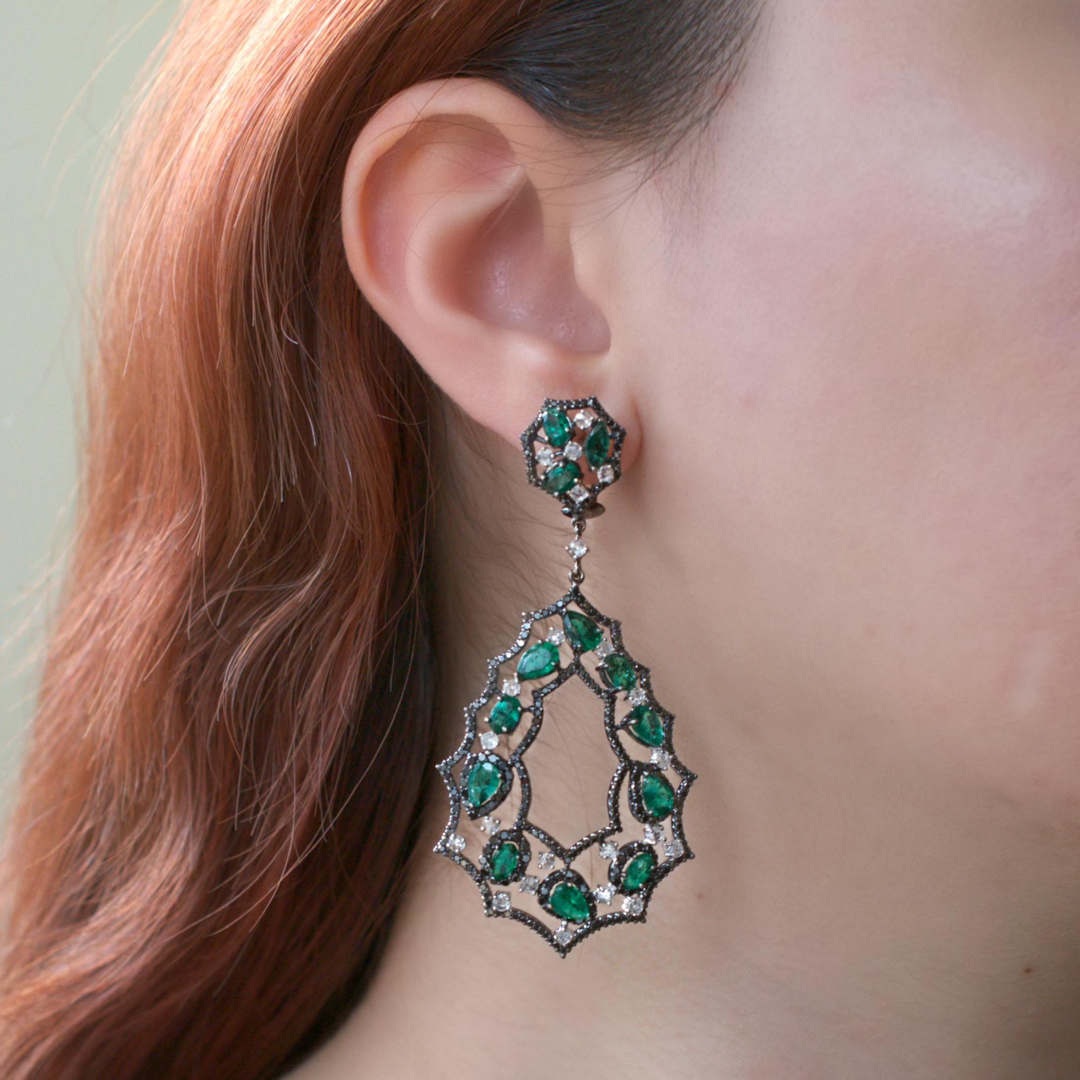 Mixed Cut RUCHI Emerald, Diamond and Black Diamond Black Rhodium Chandelier Earrings For Sale