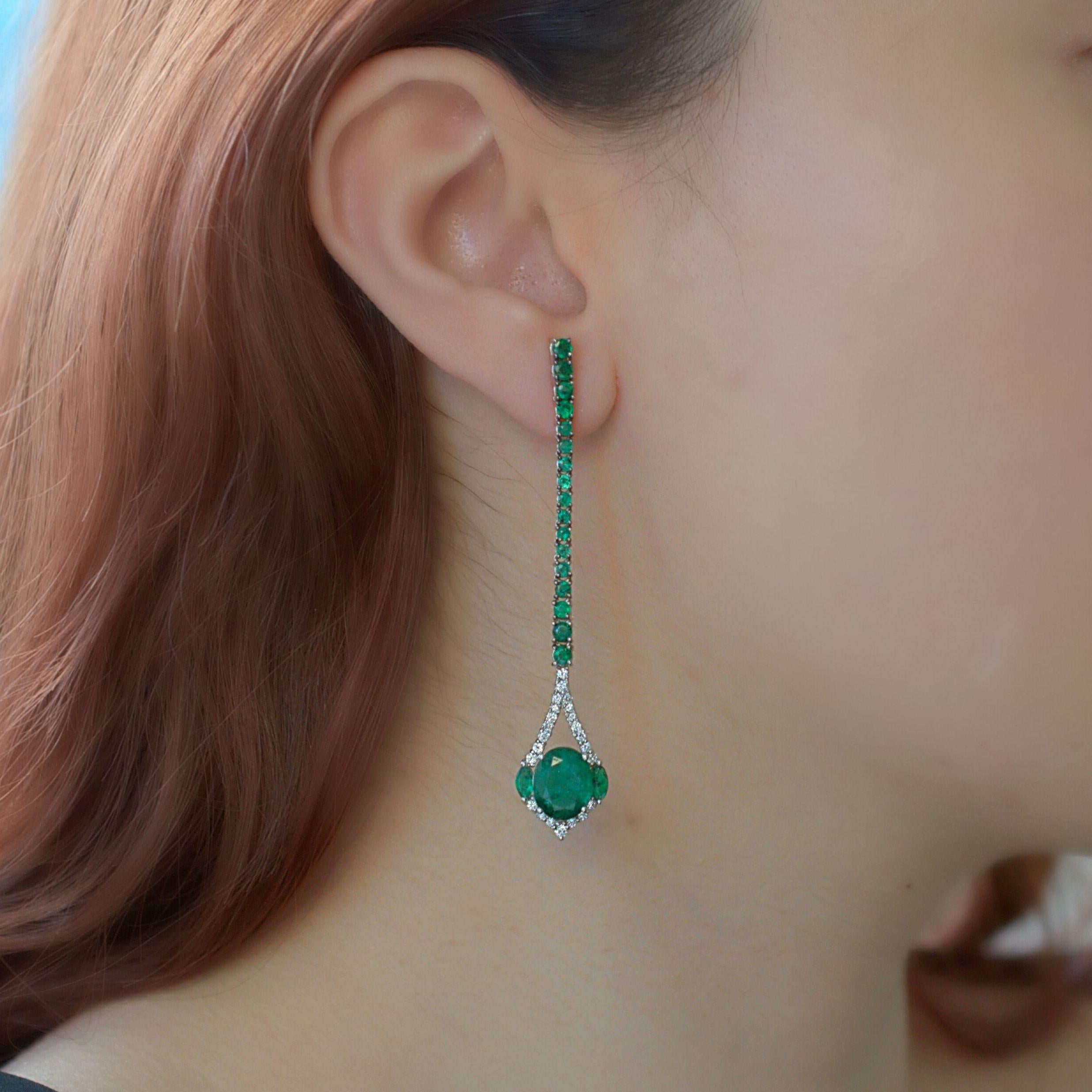 Mixed Cut RUCHI Emerald & Pavé Diamond White Gold Linear Drop Earrings For Sale