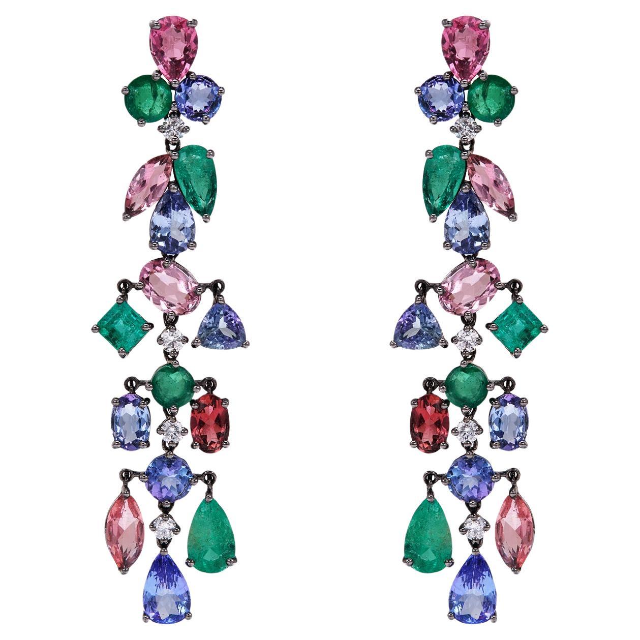 RUCHI Ohrhänger mit Smaragd, rosa Turmalin und Tansanit mit Diamanten
