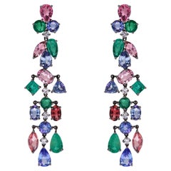 RUCHI Emerald, Pink Tourmaline and Tanzanite with Diamonds Dangle Earrings