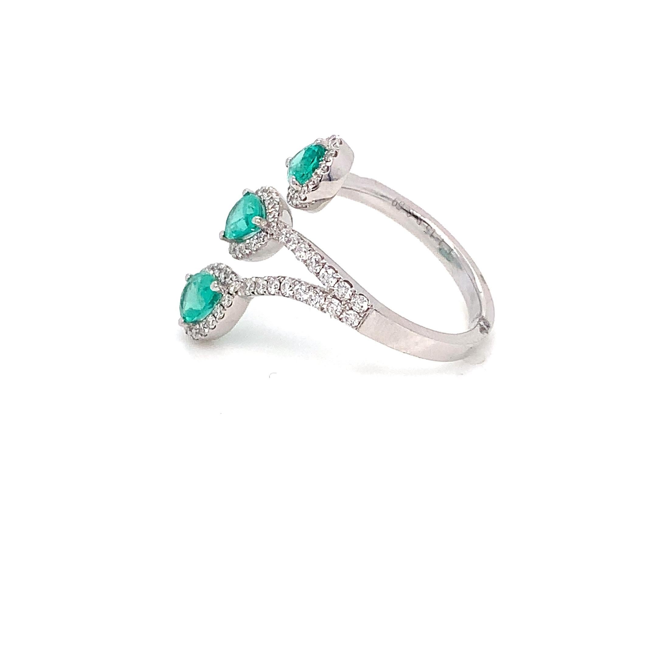 Mixed Cut RUCHI Emerald with Diamond Halo White Gold Bypass Ring For Sale