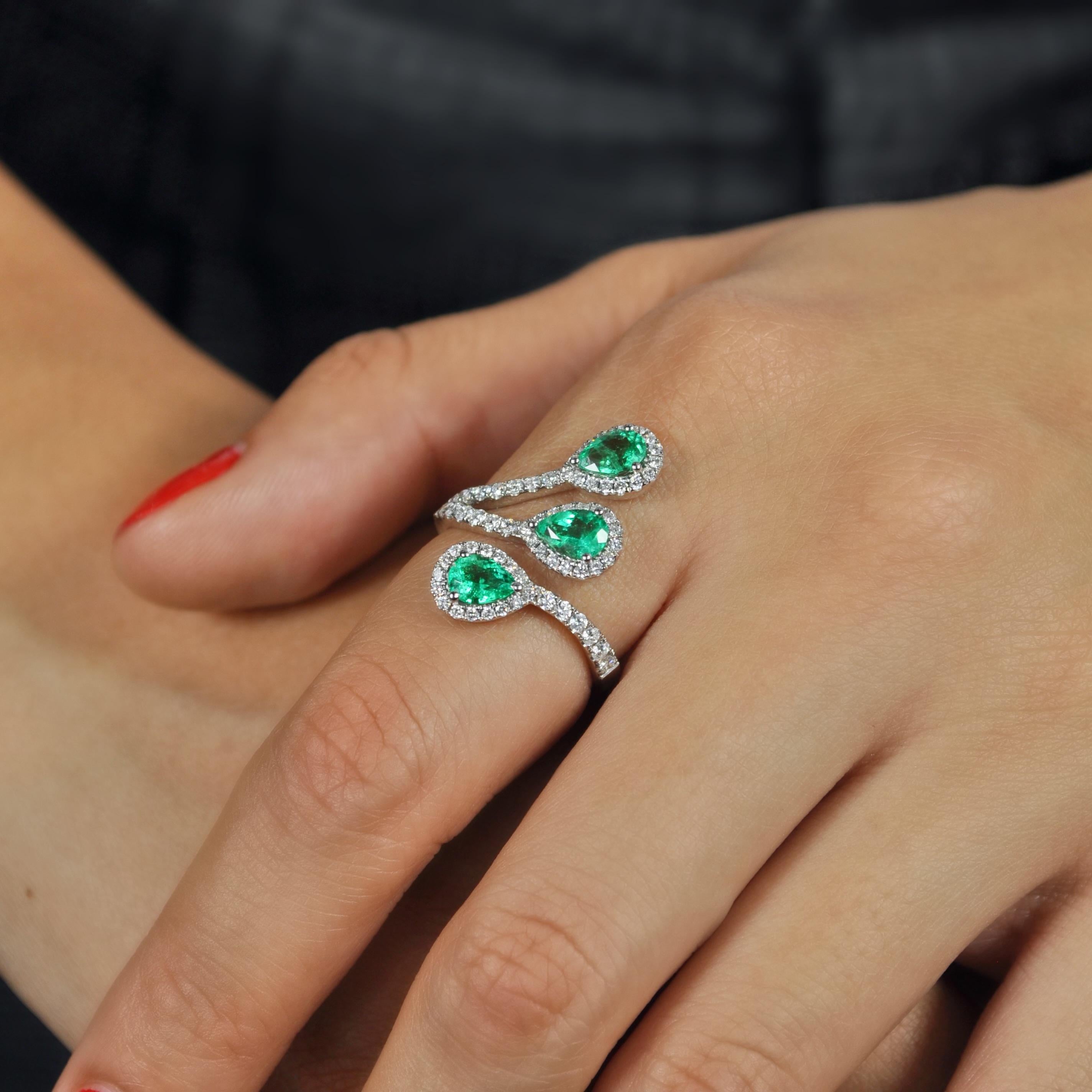 Women's or Men's RUCHI Emerald with Diamond Halo White Gold Bypass Ring For Sale