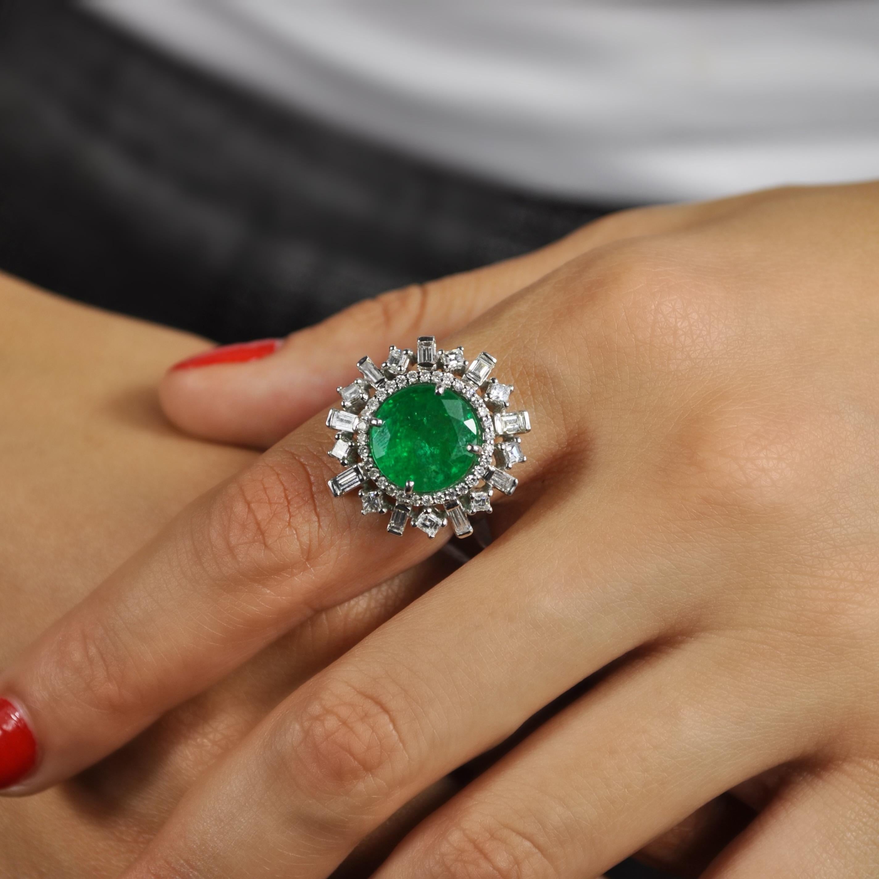 Women's or Men's RUCHI Emerald with Mixed-Shape Diamond White Gold Cocktail Ring For Sale