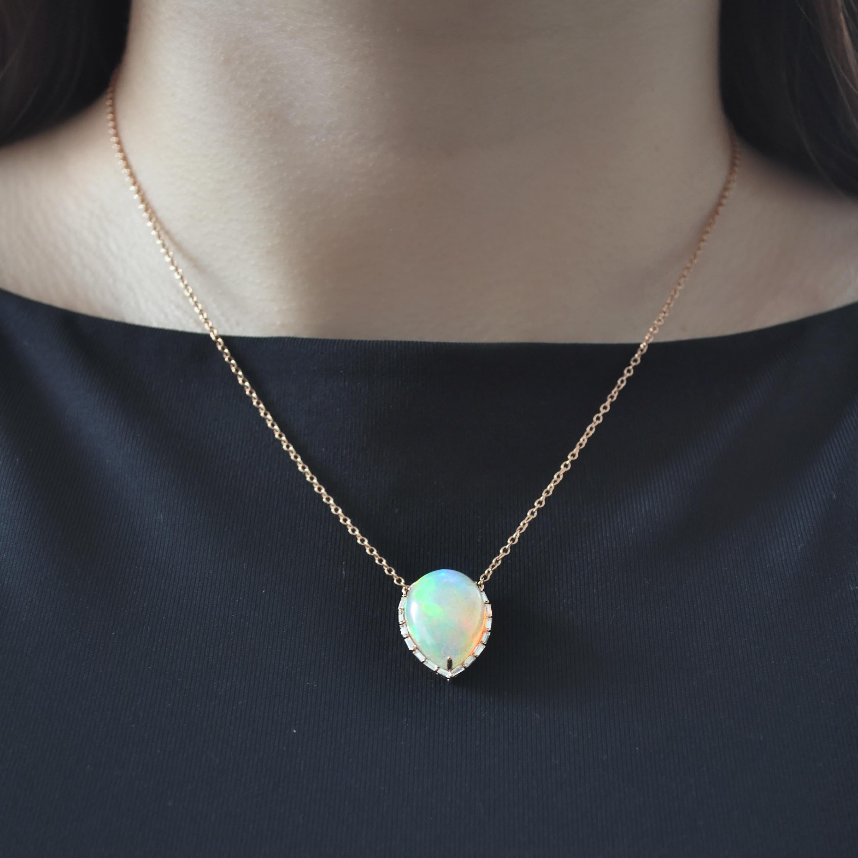 Contemporary RUCHI Ethiopian Opal and Baguette Diamond Rose Gold Pendant Necklace For Sale