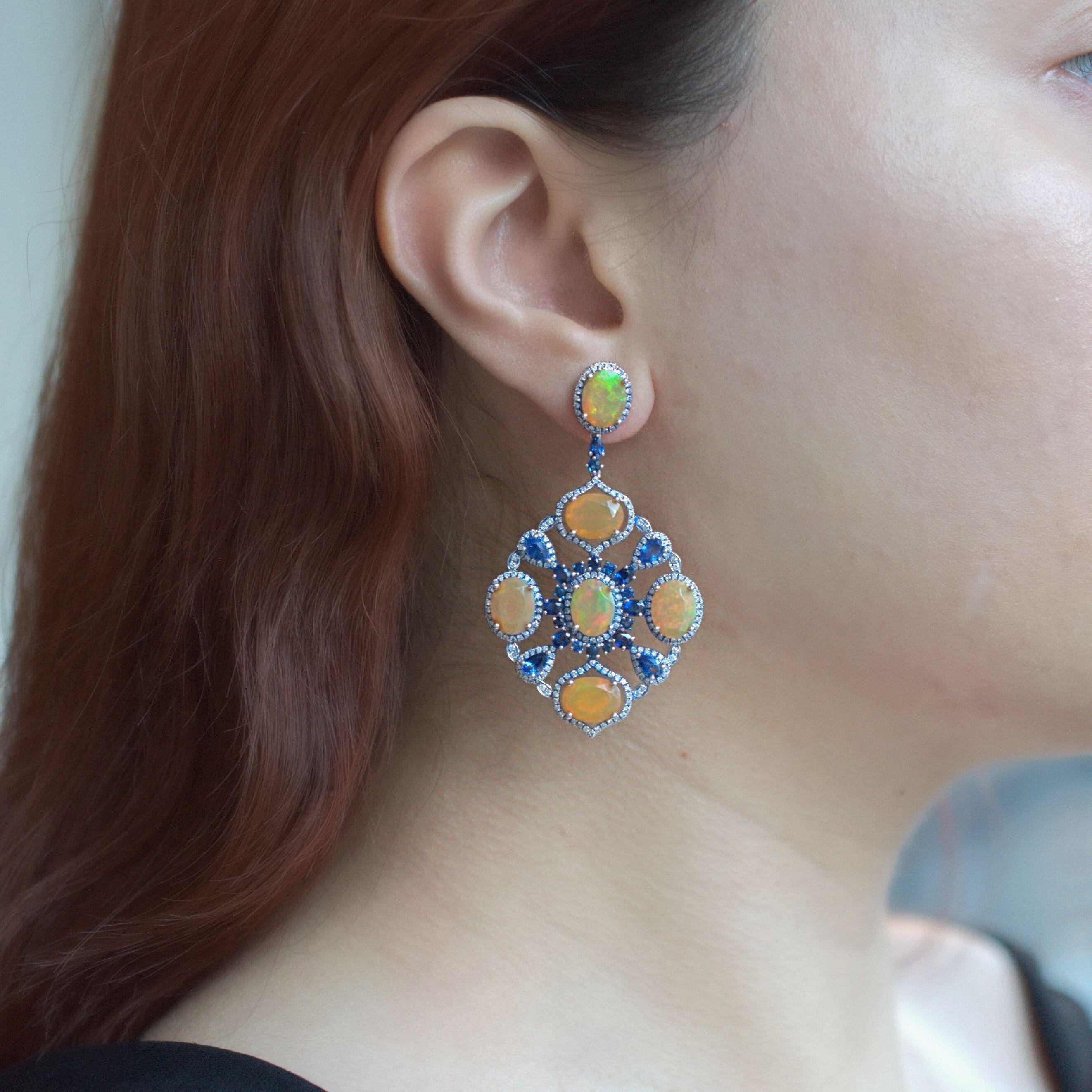 Mixed Cut RUCHI Ethiopian Opal, Blue Sapphire & Diamond Blue Rhodium Chandelier Earrings For Sale