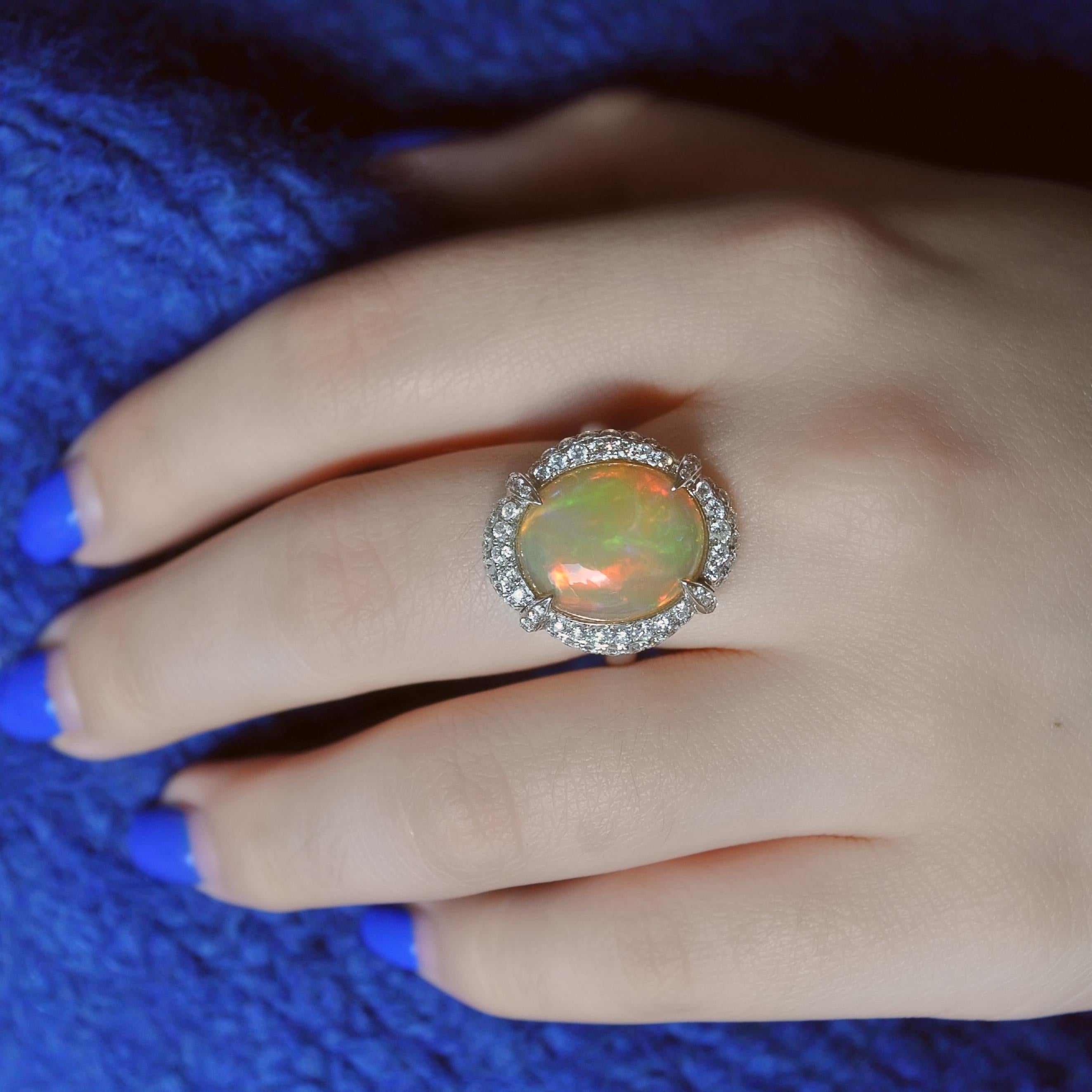 Cabochon RUCHI Ethiopian Opal & Diamond Halo White Gold Claw Ring For Sale