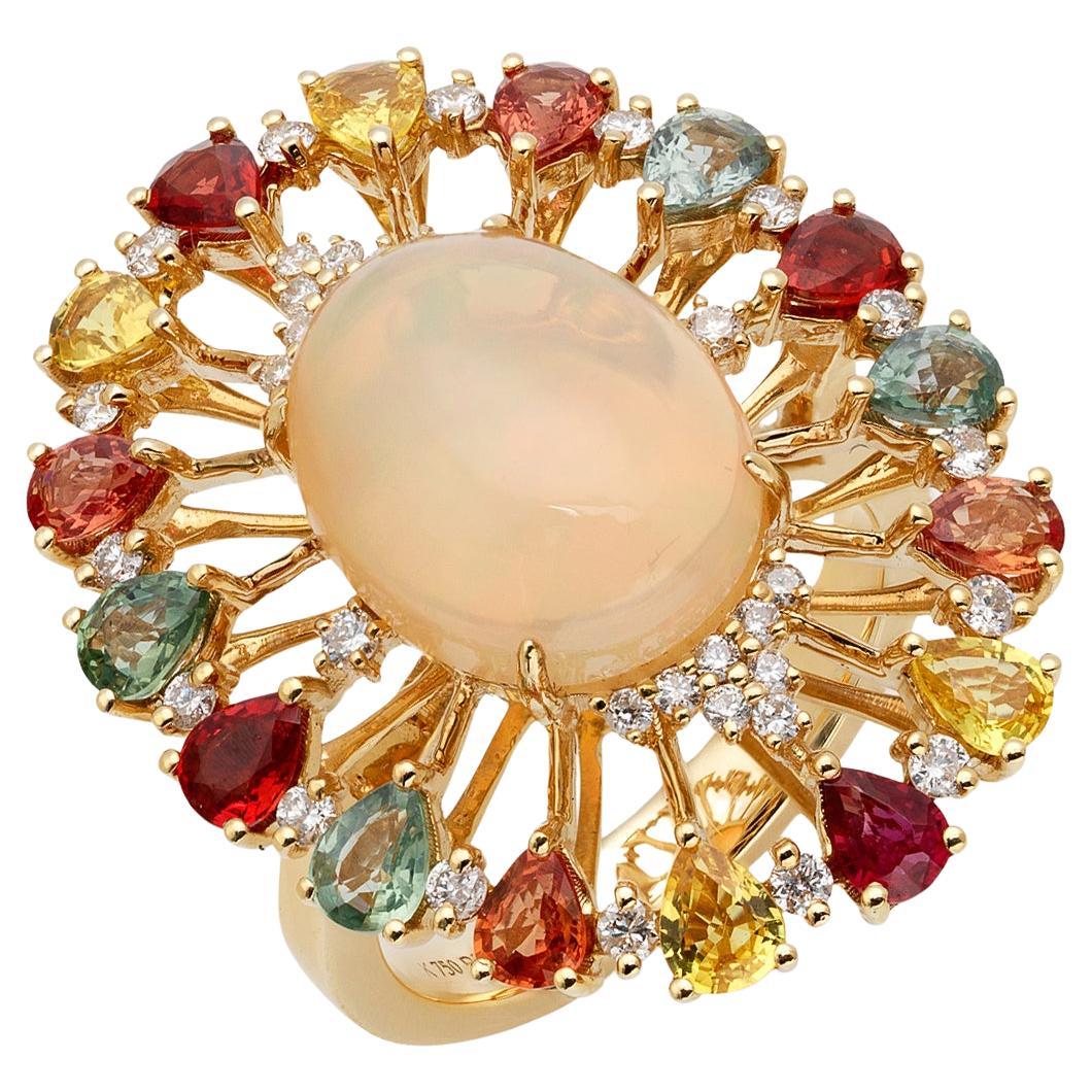 RUCHI Ethiopian Opal, Multi-Color Sapphire & Diamond Yellow Gold Cocktail Ring For Sale