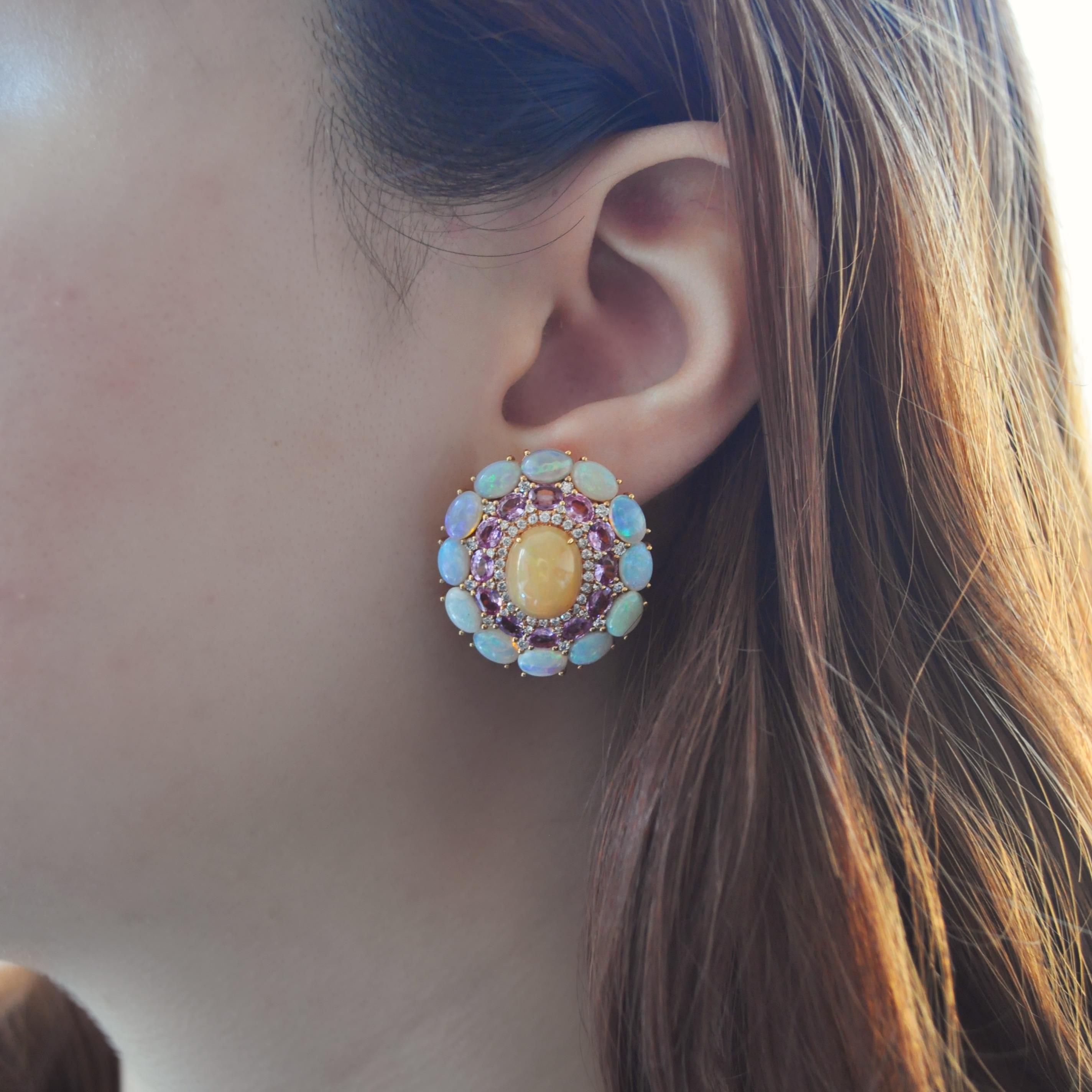 Taille mixte RUCHI Boucles d'oreilles à clip en or rose avec opale éthiopienne, saphir rose et diamant en vente