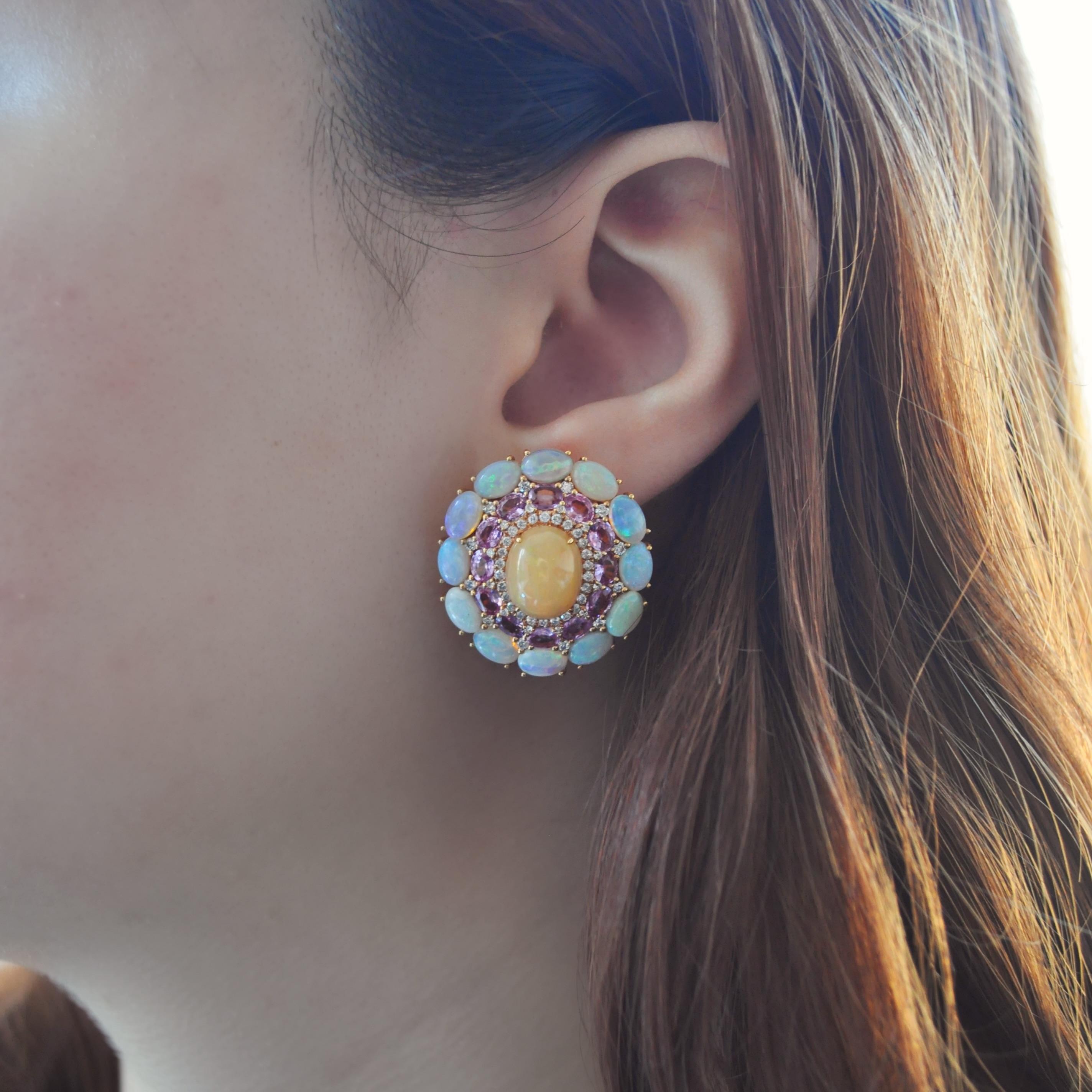 Mixed Cut RUCHI Ethiopian Opal, Pink Sapphire and Diamond Rose Gold Clip-On Earrings For Sale