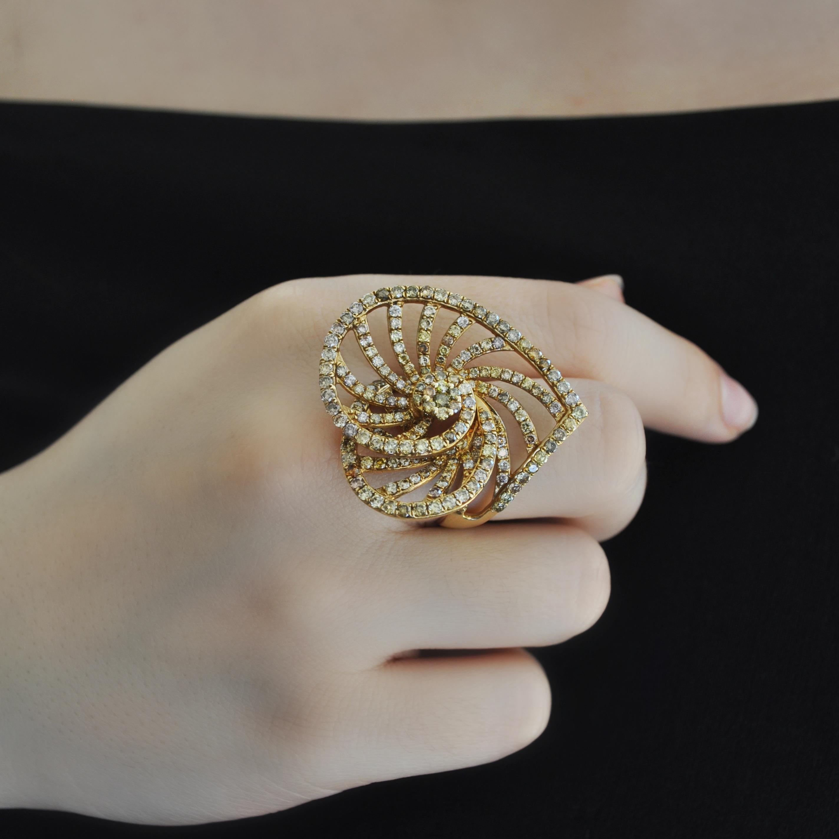 Mixed Cut RUCHI Fancy Diamond Yellow Gold Spiral Cocktail Ring For Sale