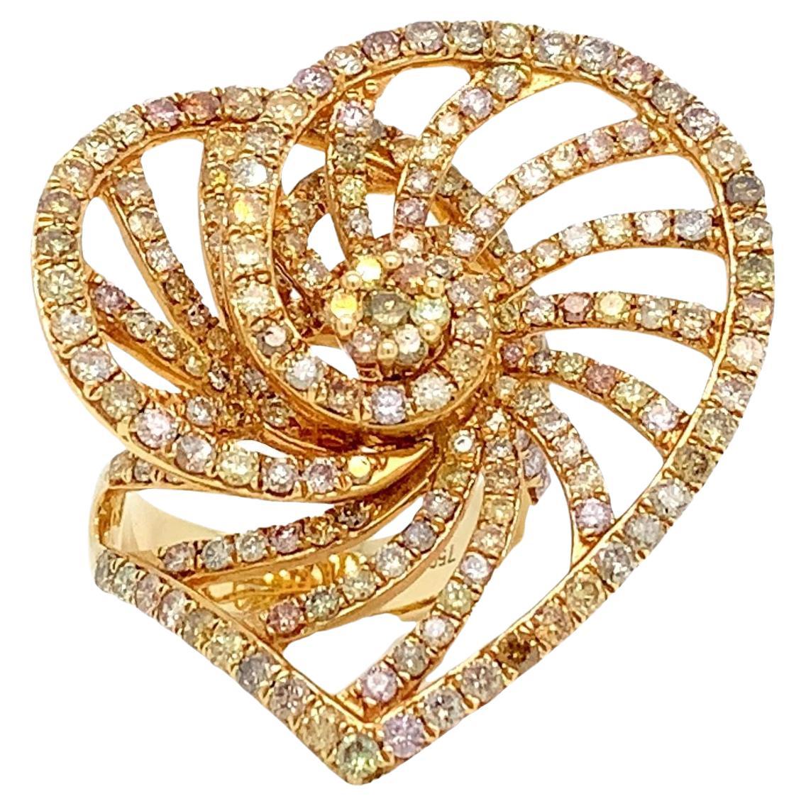 RUCHI Fancy Diamond Yellow Gold Spiral Cocktail Ring For Sale