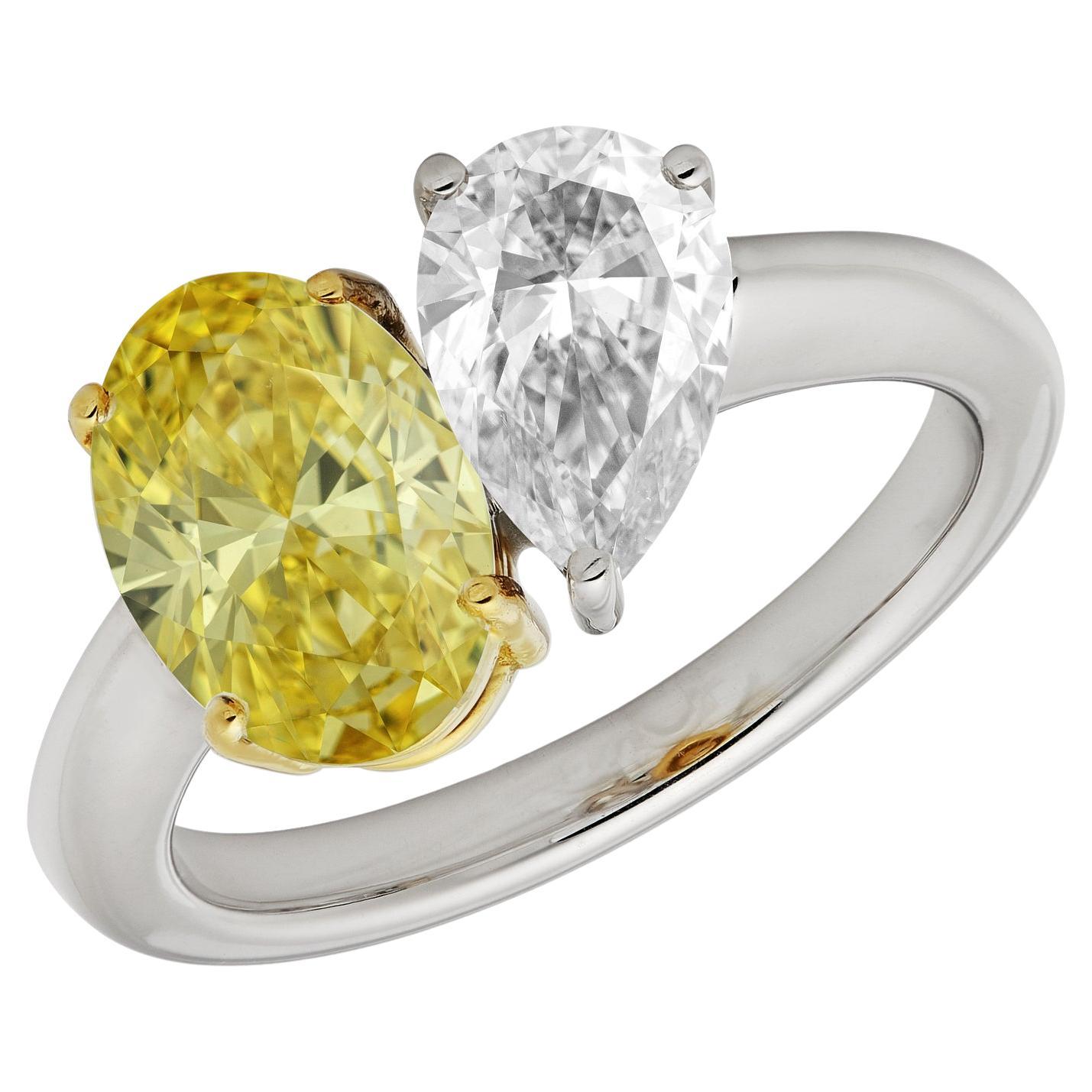 RUCHI Fancy Yellow and White Diamond White Gold Engagement Toi Et Moi Ring For Sale