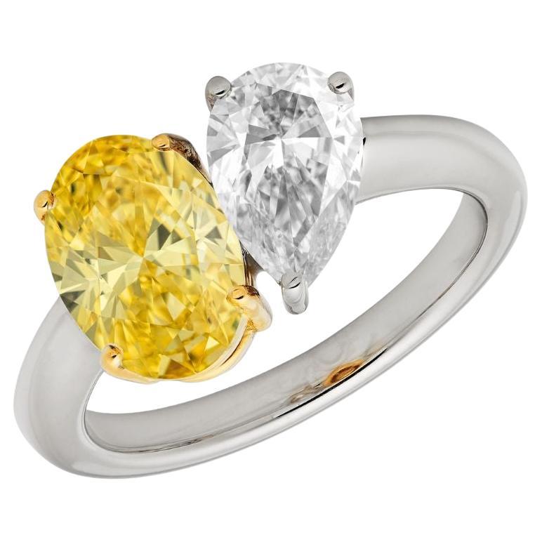 RUCHI Bague de fiançailles Toi et Moi en or blanc avec diamants jaunes et blancs fantaisie