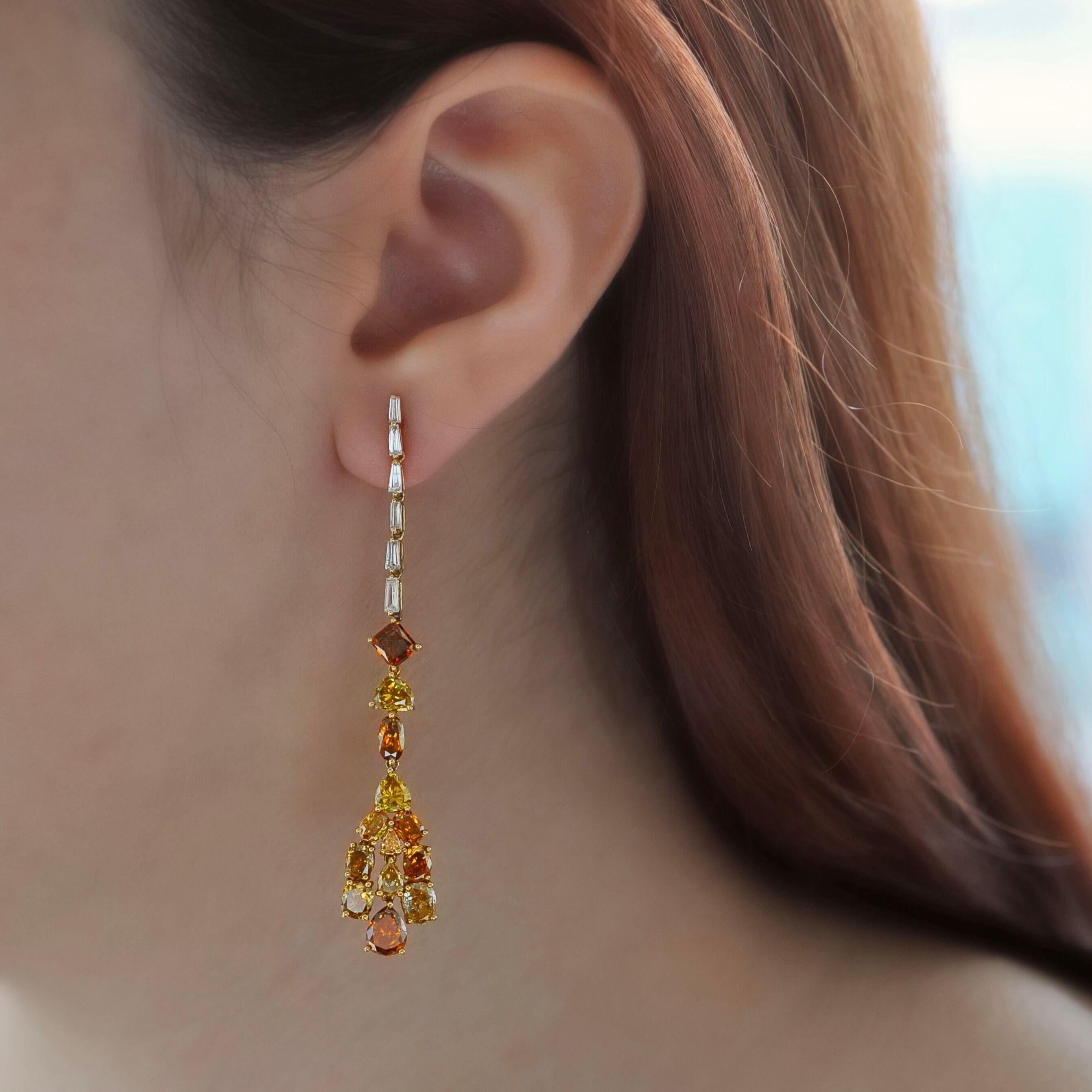 Contemporary RUCHI Fancy Yellow and White Diamond Yellow Gold Linear Earrings For Sale