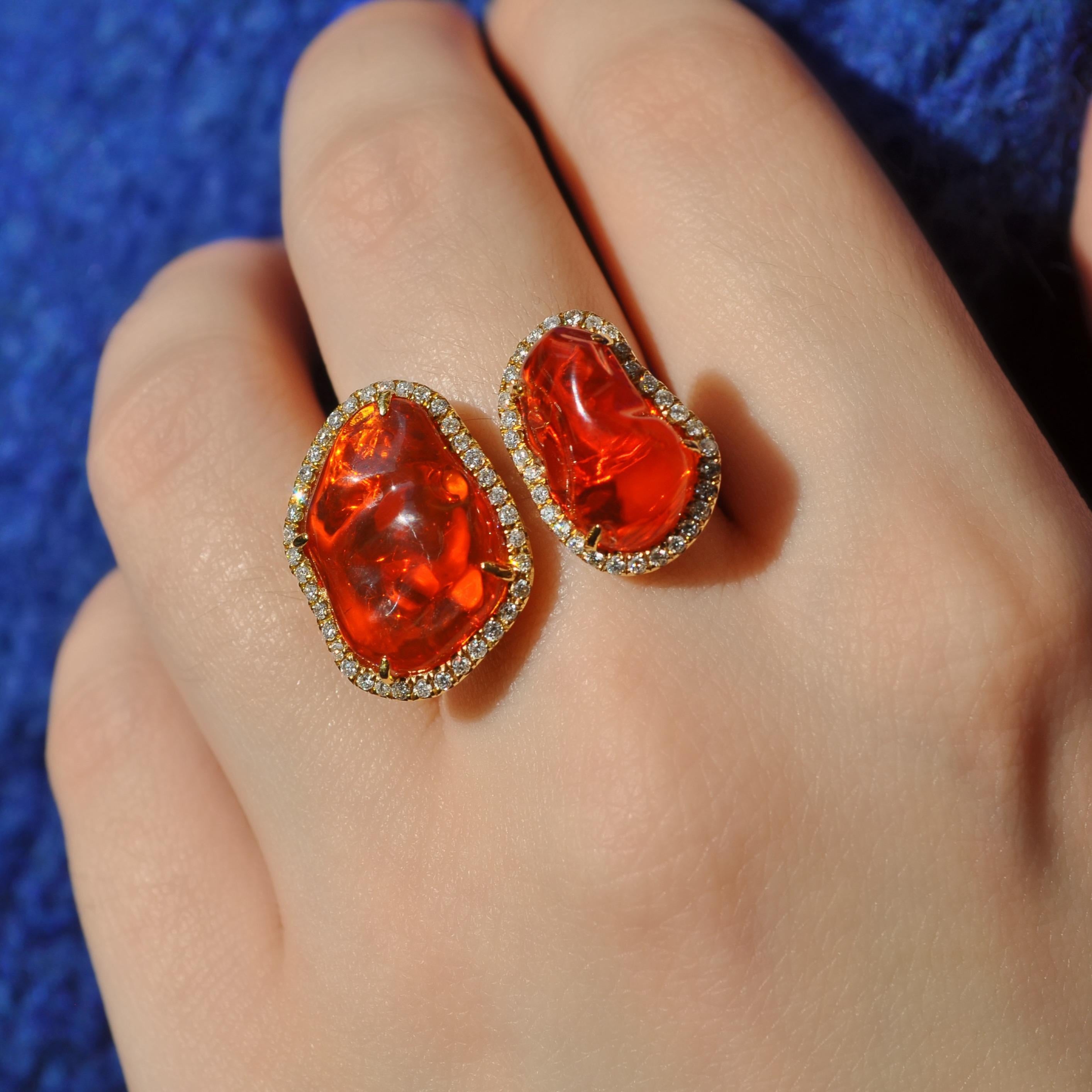 RUCHI Fire Opal and Brilliant Diamond Yellow Gold Open Ring In New Condition For Sale In New York, NY