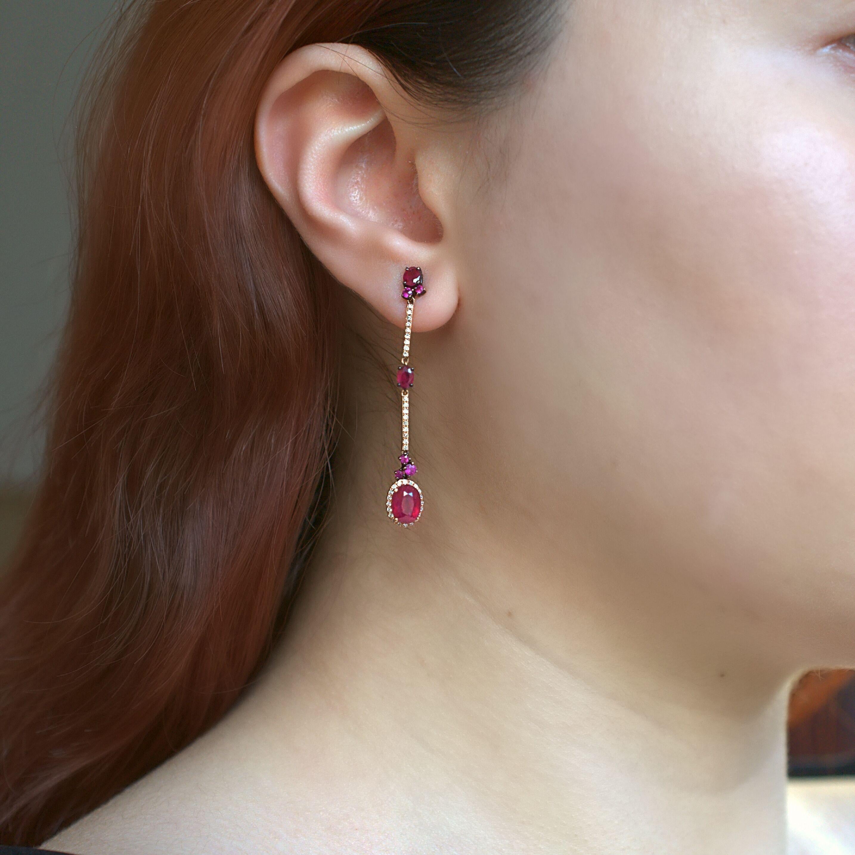 Contemporary RUCHI Glass Filled & Natural Ruby with Diamond Rose Gold Dainty Drop Earrings For Sale
