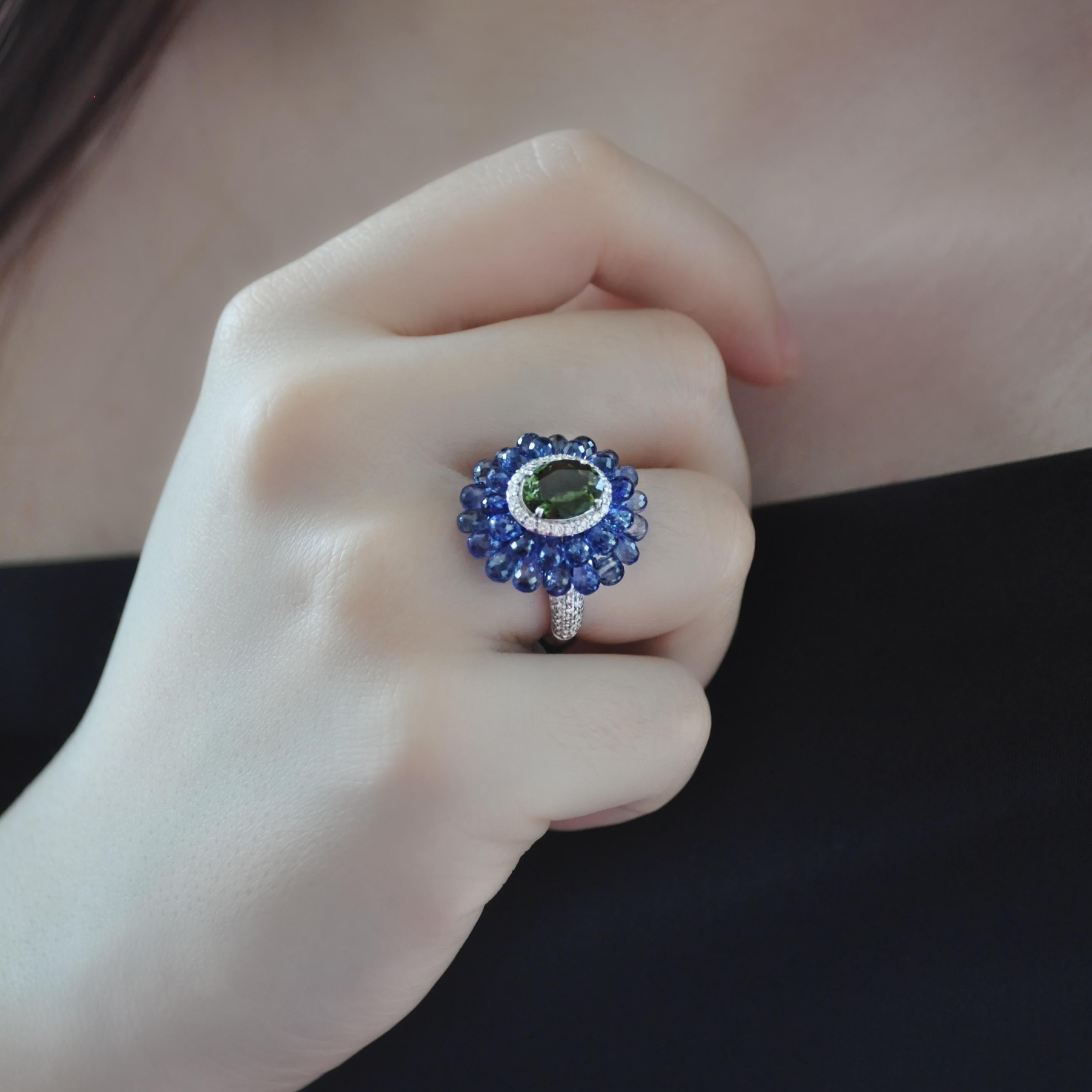 RUCHI Green Tourmaline, Blue Sapphire and Diamond White Gold Cocktail Ring In New Condition For Sale In New York, NY